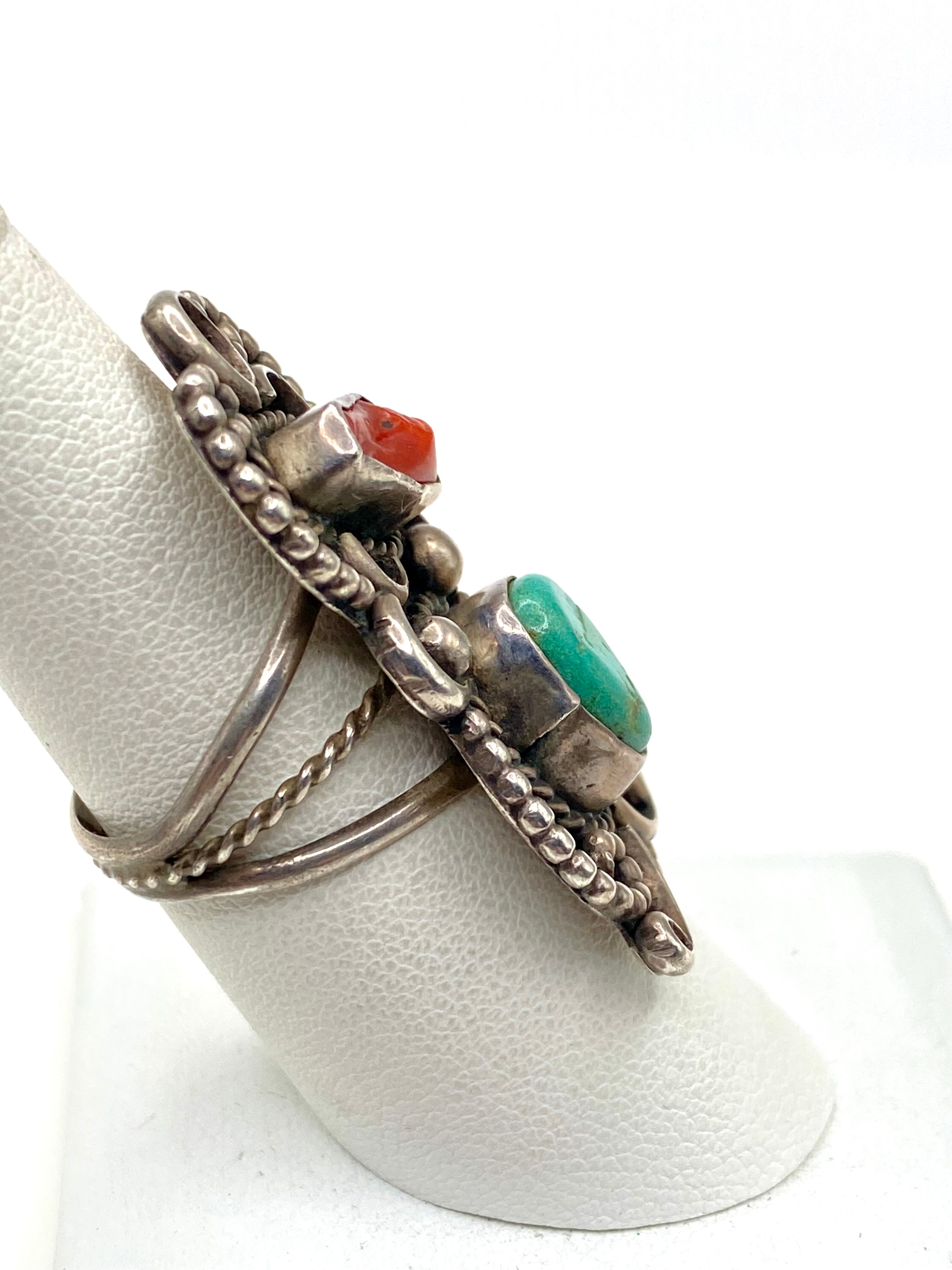 VTG Green Turquoise Coral Ring Silver Size 7.5 Triple Shank Native American
