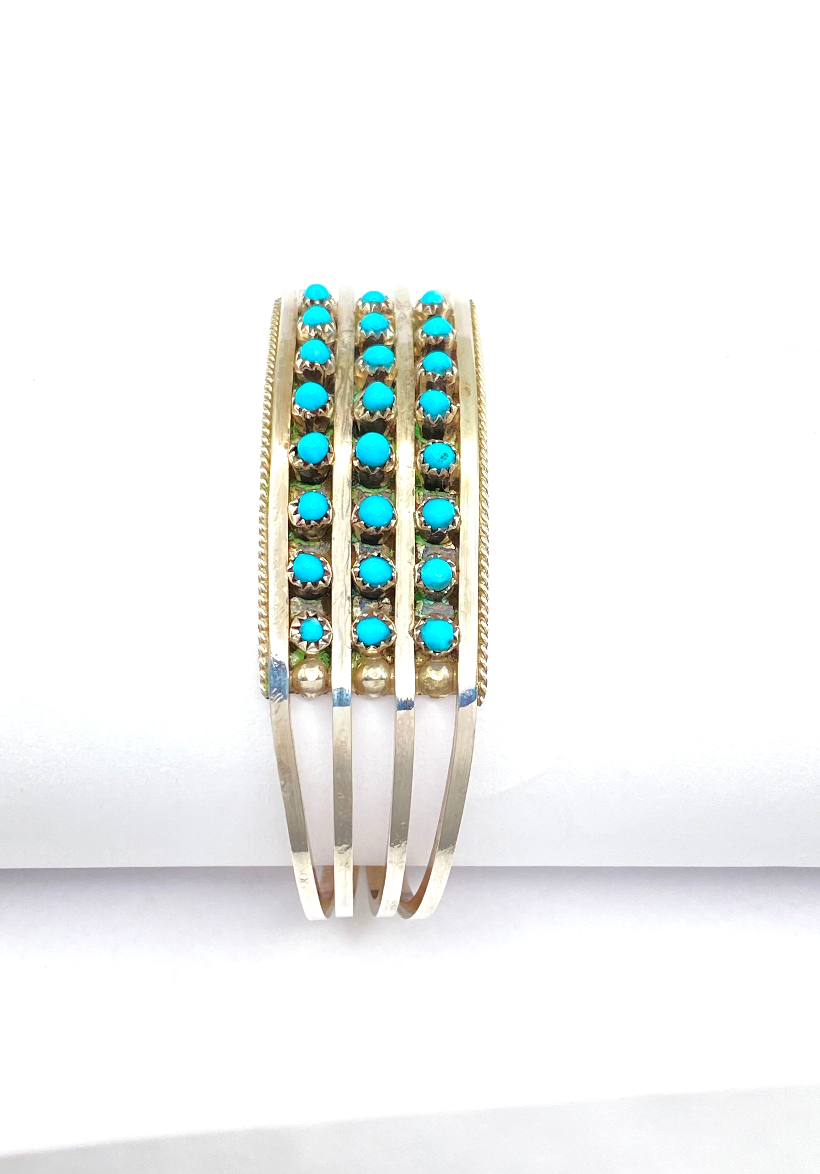 Sterling 4-Rail Bracelet Petite Turquoise 3-Row Zuni Native American Signed