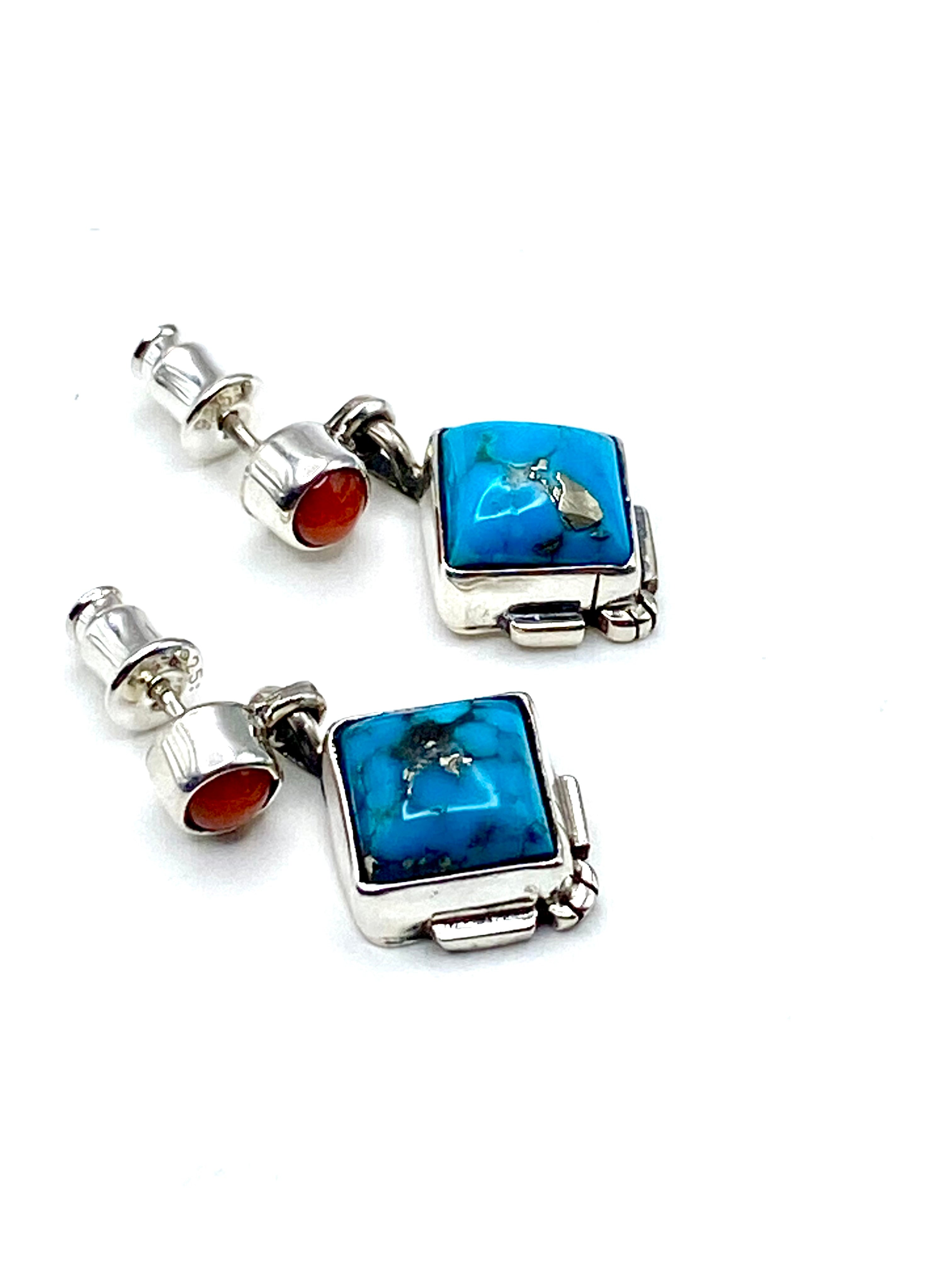 Petite Sterling Turquoise Dangle Earrings Coral Navajo V. Betone Native American