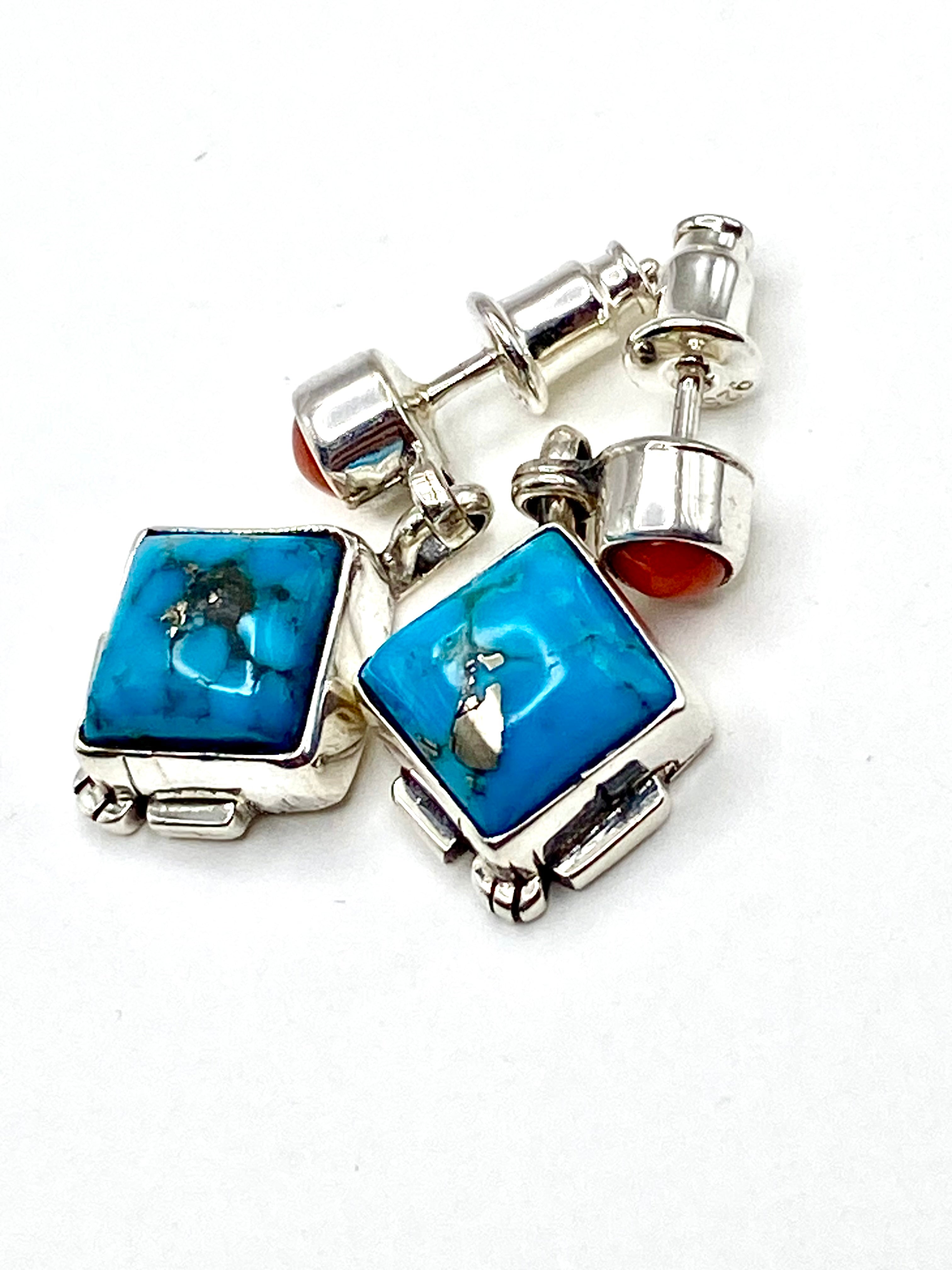 Petite Sterling Turquoise Dangle Earrings Coral Navajo V. Betone Native American