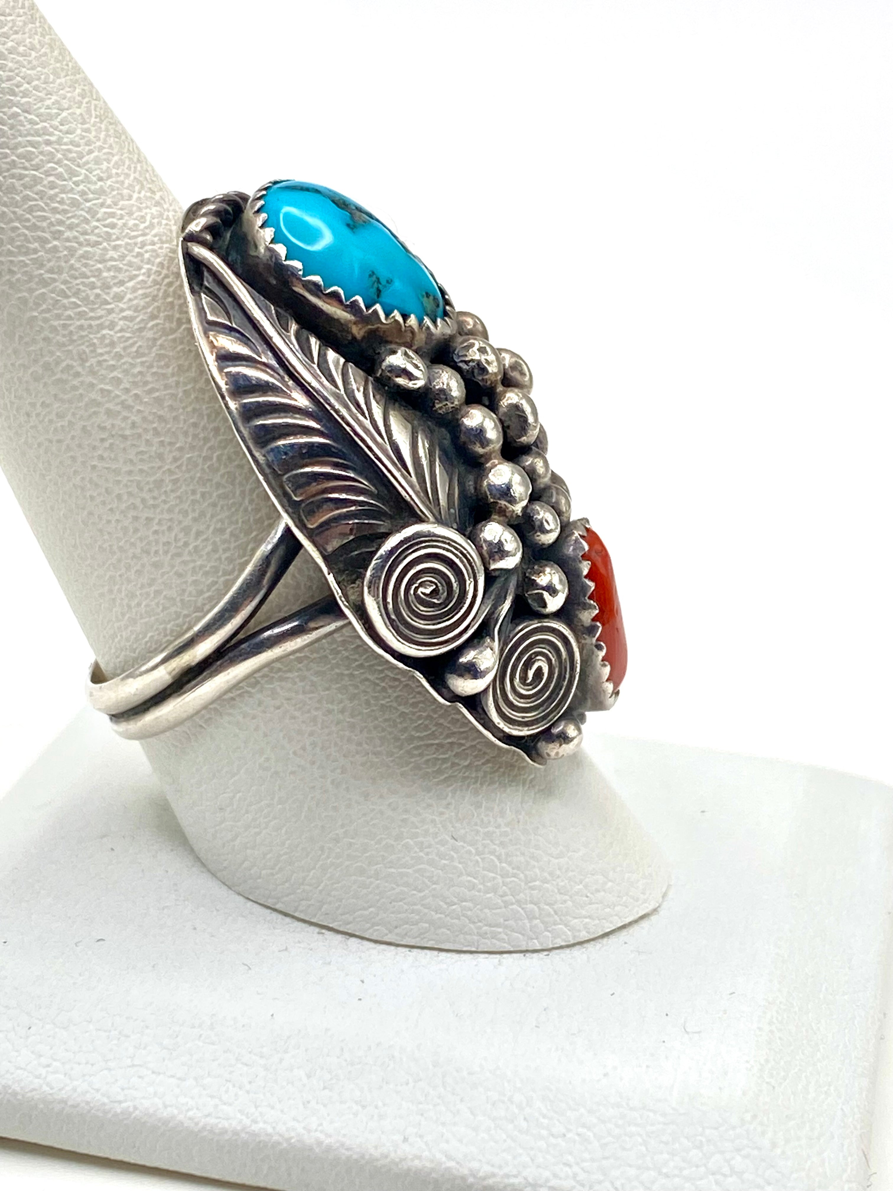 VTG Sterling Domed Hollow Ring Turquoise Coral Size 9.75 Native American Signed