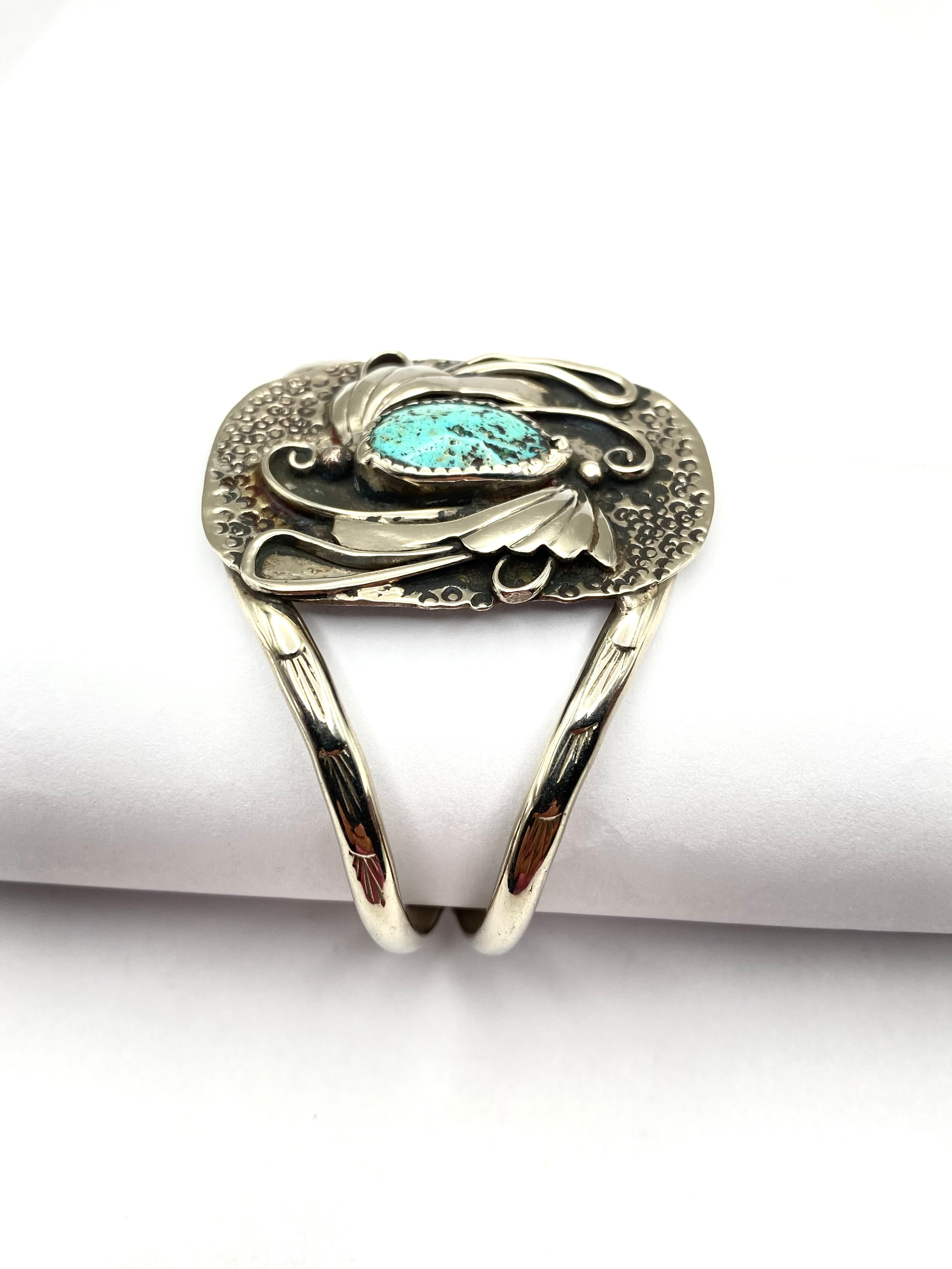 VTG Sterling Turquoise Bracelet 2-Rail Leaf Applique Lightweight Native American