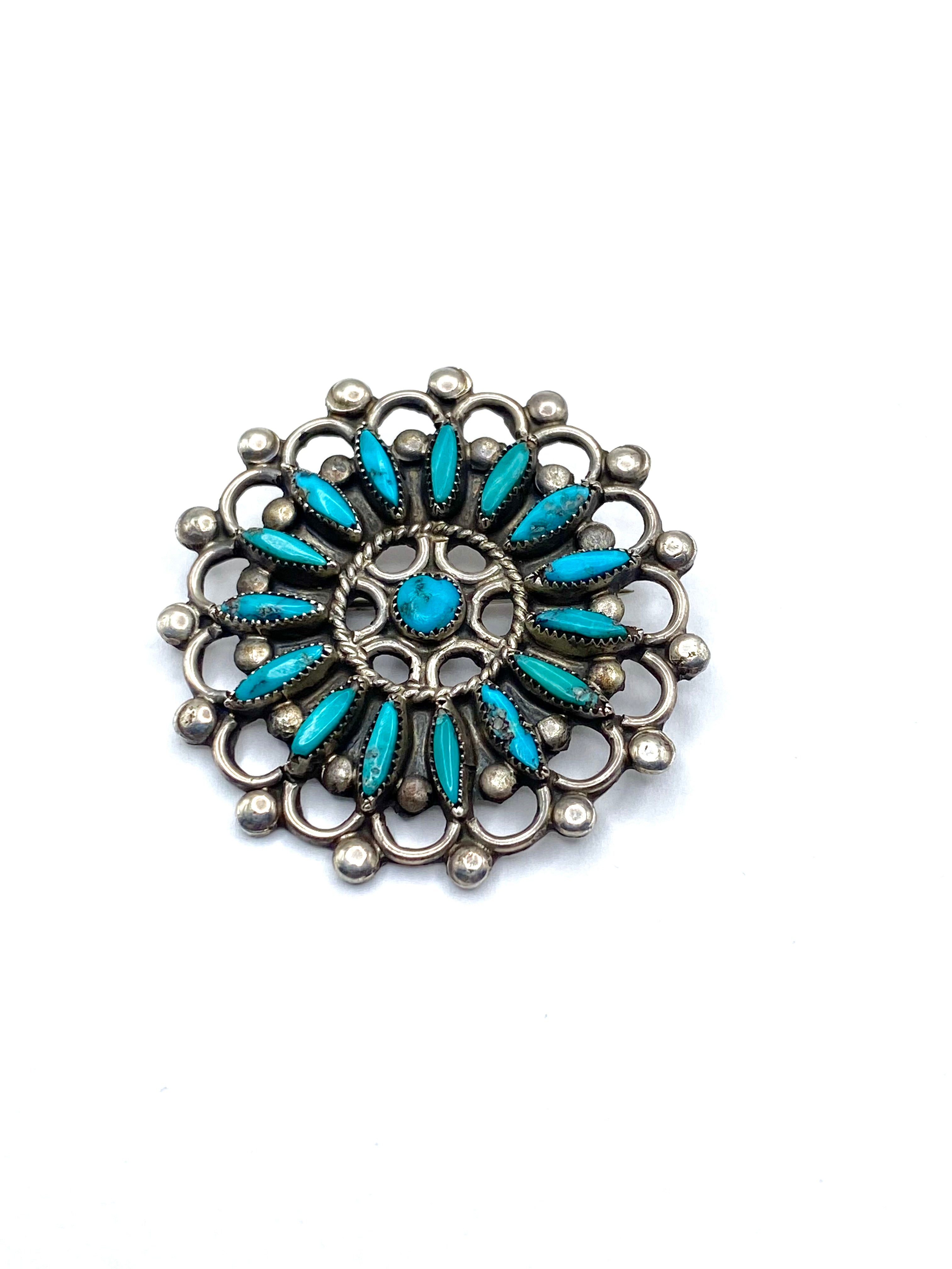 VTG Zuni Needlepoint Turquoise Silver Pin Brooch Native American ca. 1960s