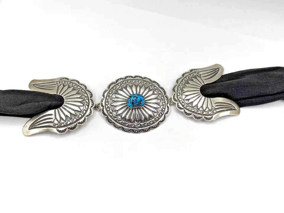 Vintage Retro 3 Piece Belt Buckle Set Sterling Silver Turquoise Navajo Signed