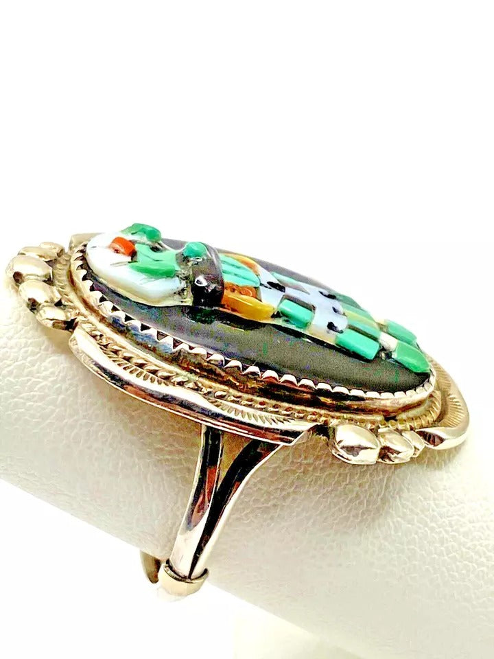 VTG Zuni Sterling Kachina Ring Raised Inlay SZ 8 Turquoise Jet MOP Signed Pinto