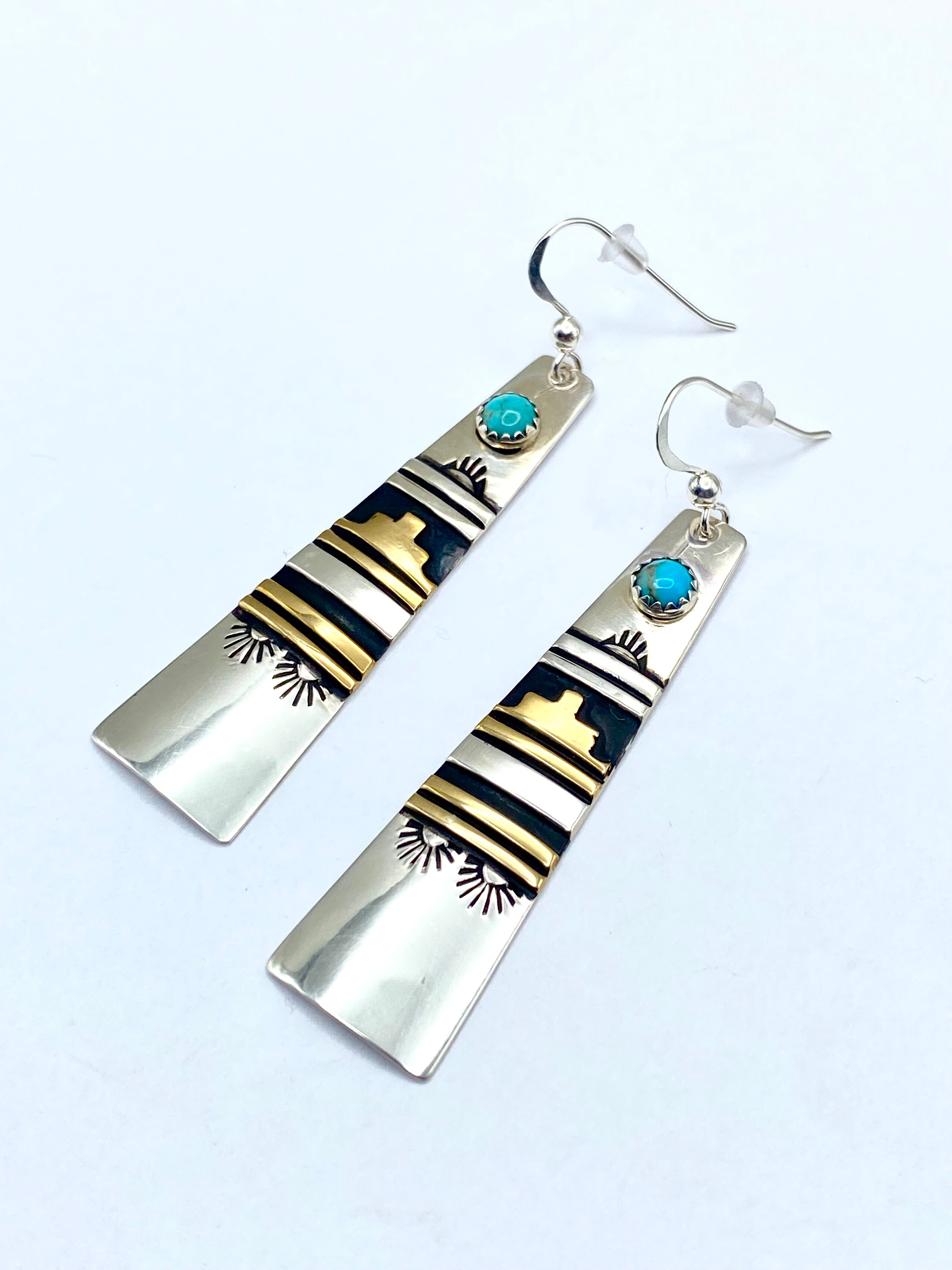 Sterling Turquoise Dot Earrings Long Triangle Overlay T&R Singer Navajo