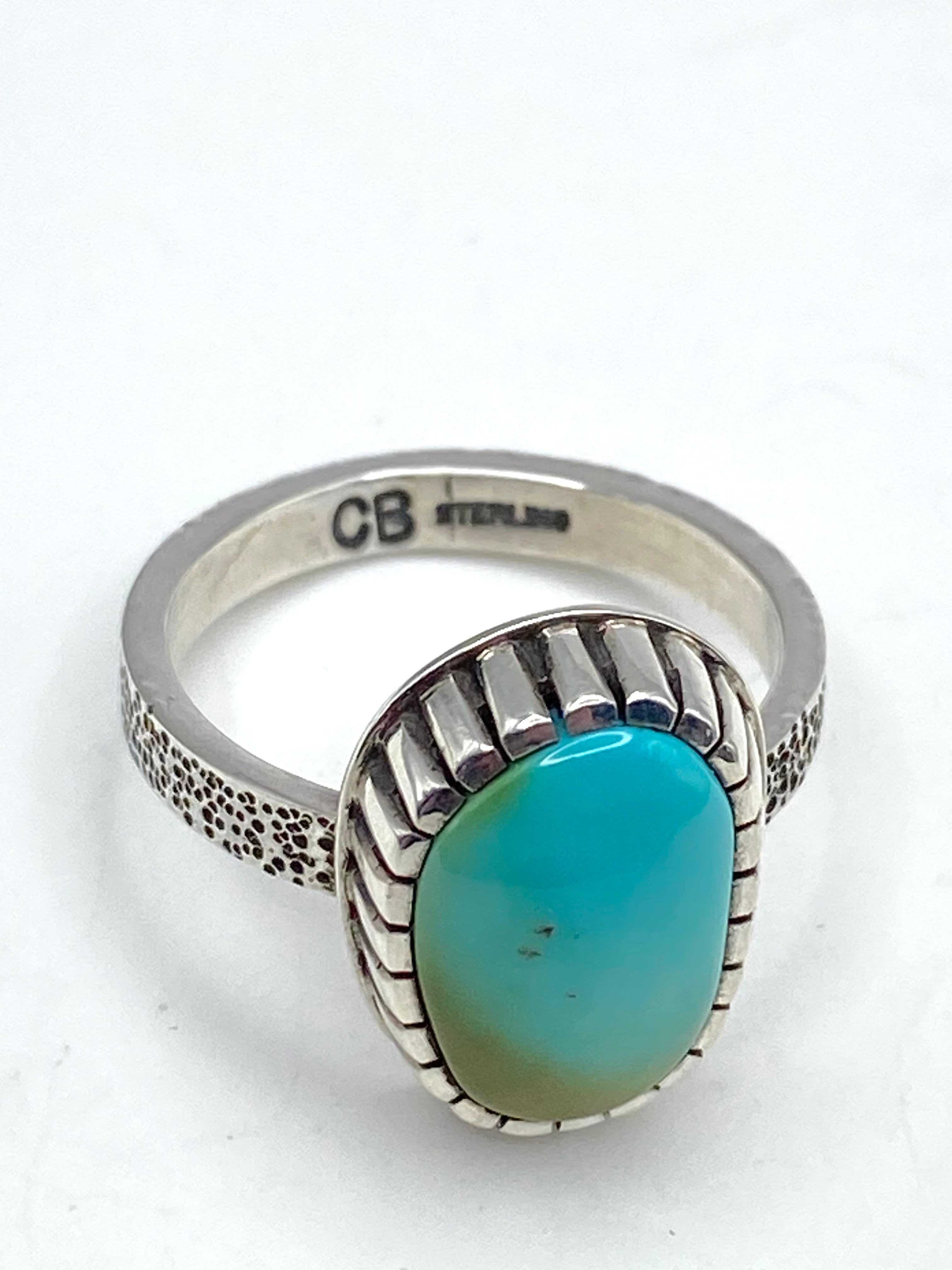 Sterling Tufa Cast Shank Ring Pilot Mountain Turquoise Size 8.5 C. Bazan Navajo