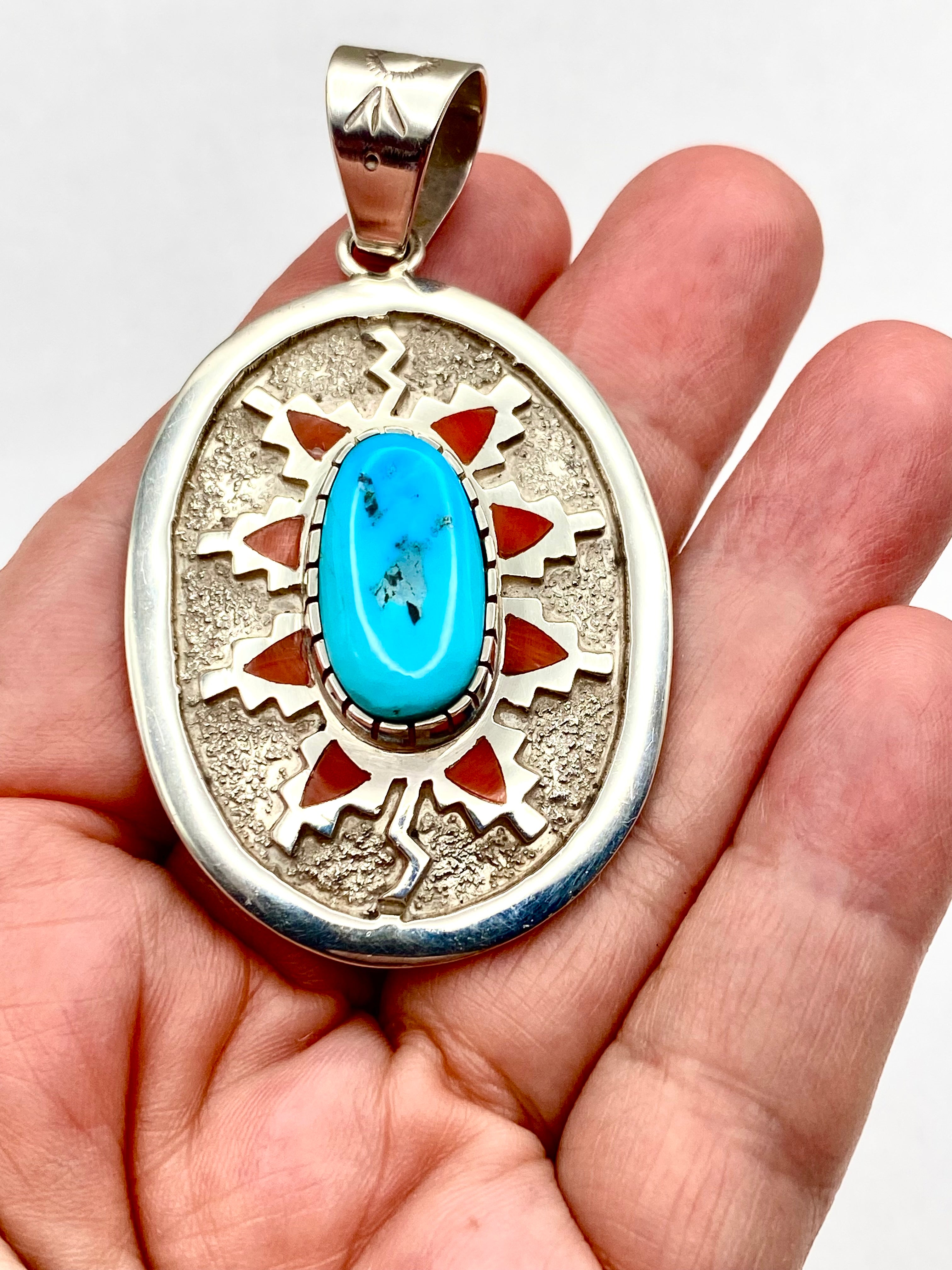 Sterling Oval Tufa Cast Pendant Turquoise Inlay Coral Michael Perry Navajo
