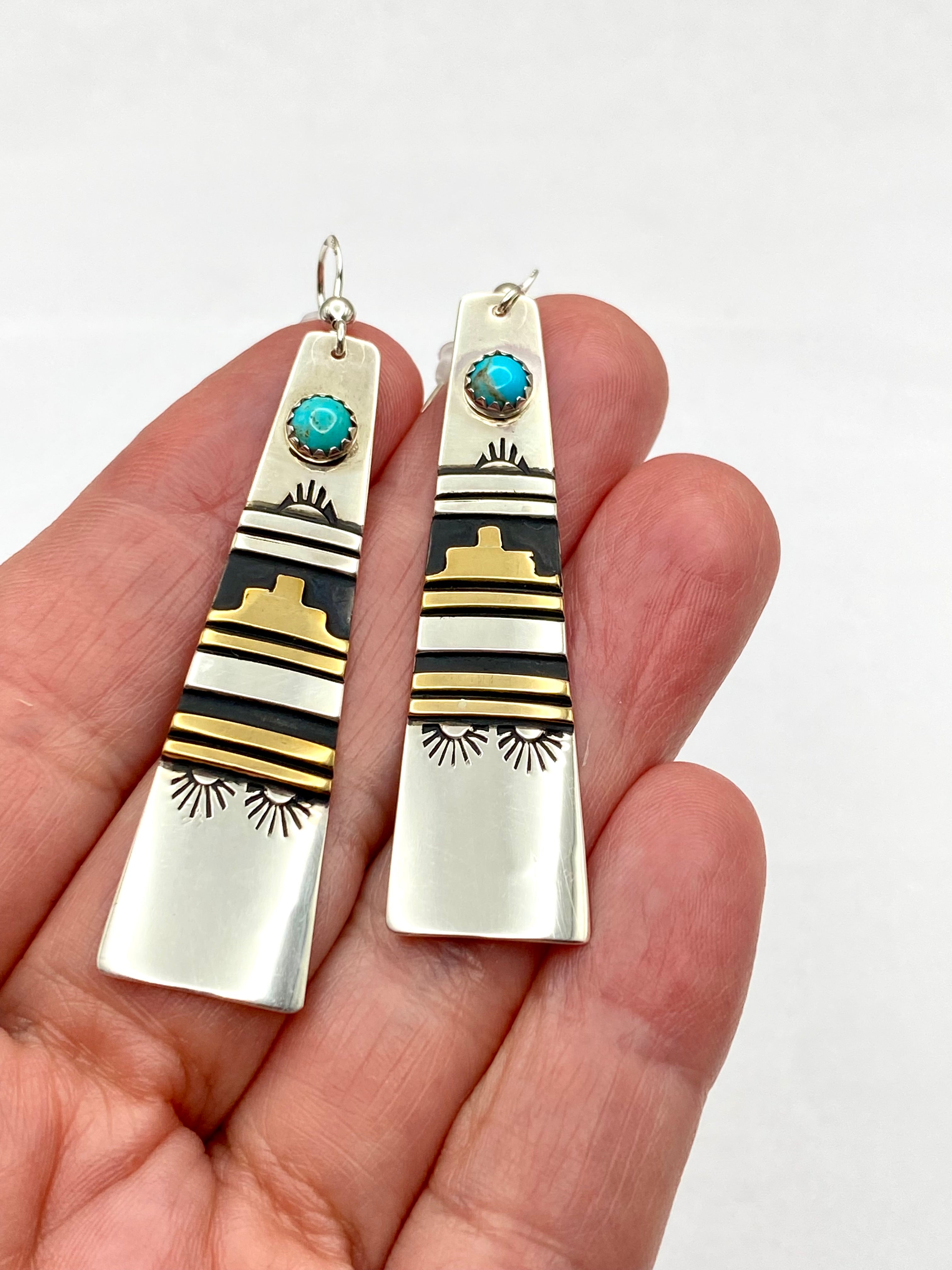 Sterling Turquoise Dot Earrings Long Triangle Overlay T&R Singer Navajo