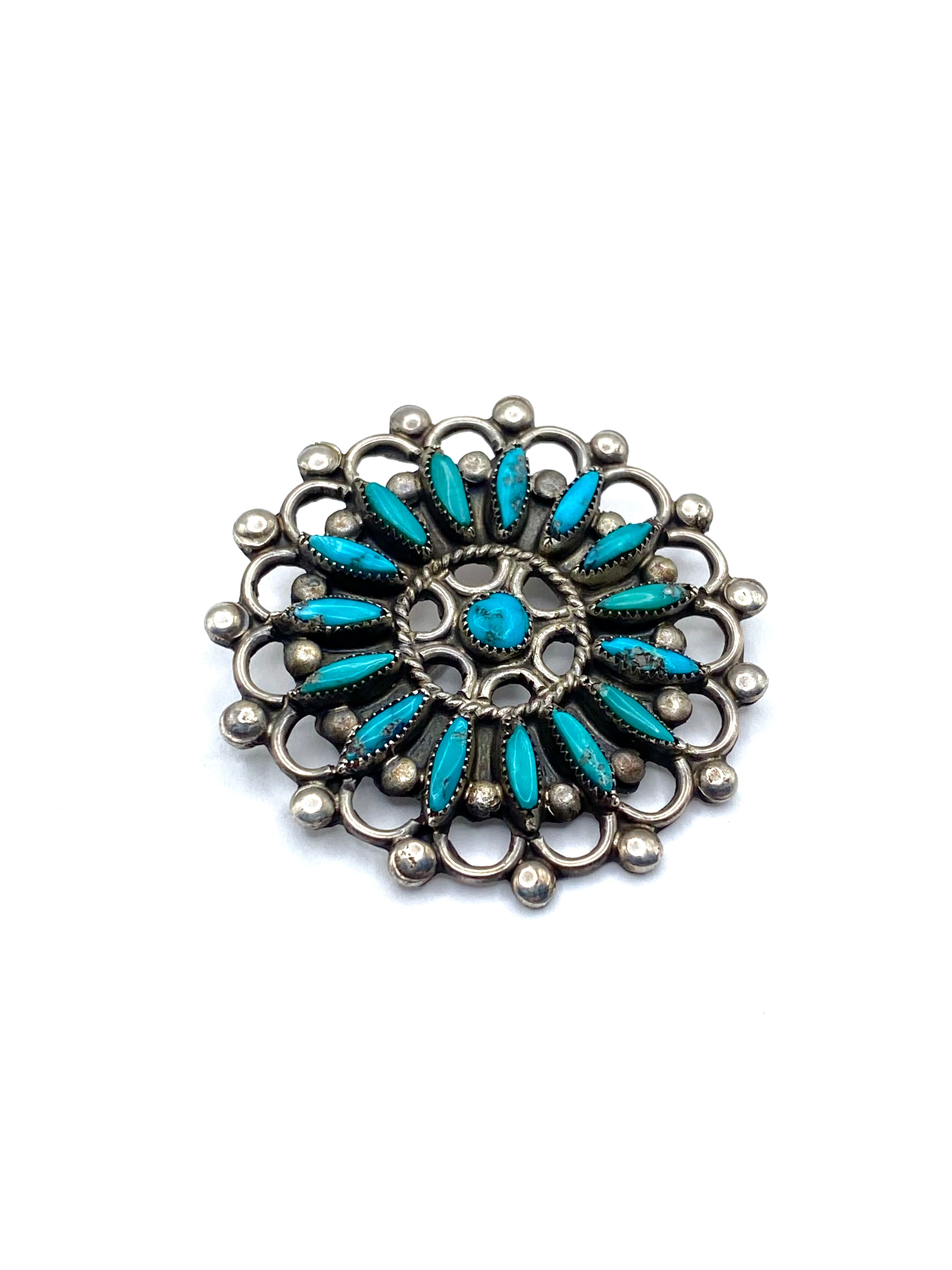 VTG Zuni Needlepoint Turquoise Silver Pin Brooch Native American ca. 1960s