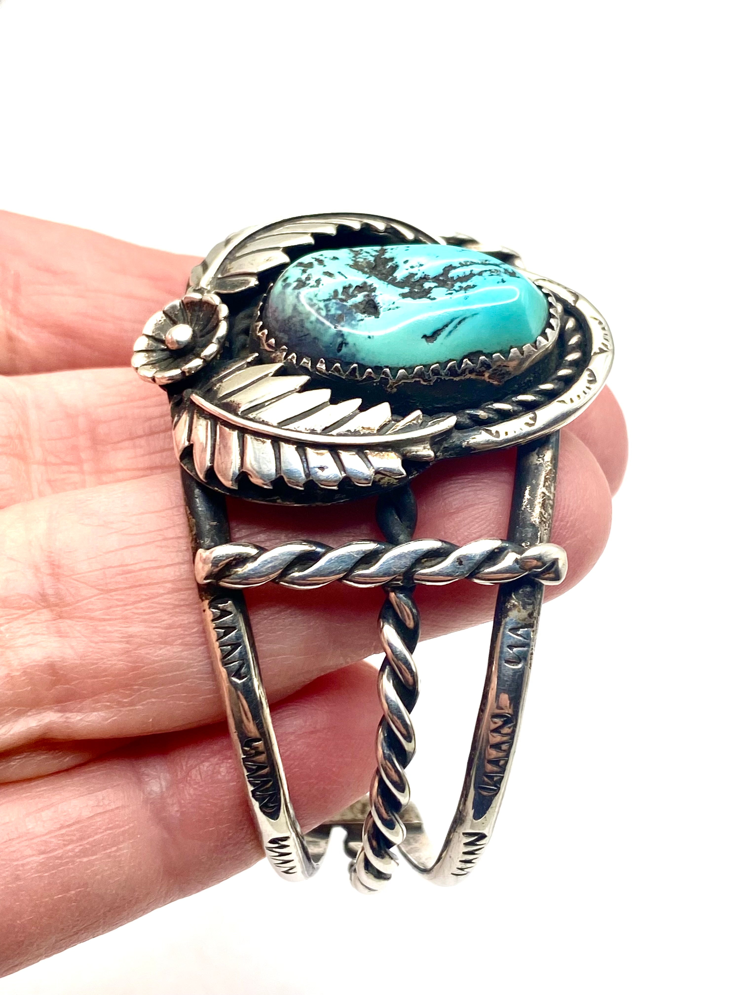 VTG Sterling Turquoise Bracelet 3-Rail Leaf Flower Applique Native American