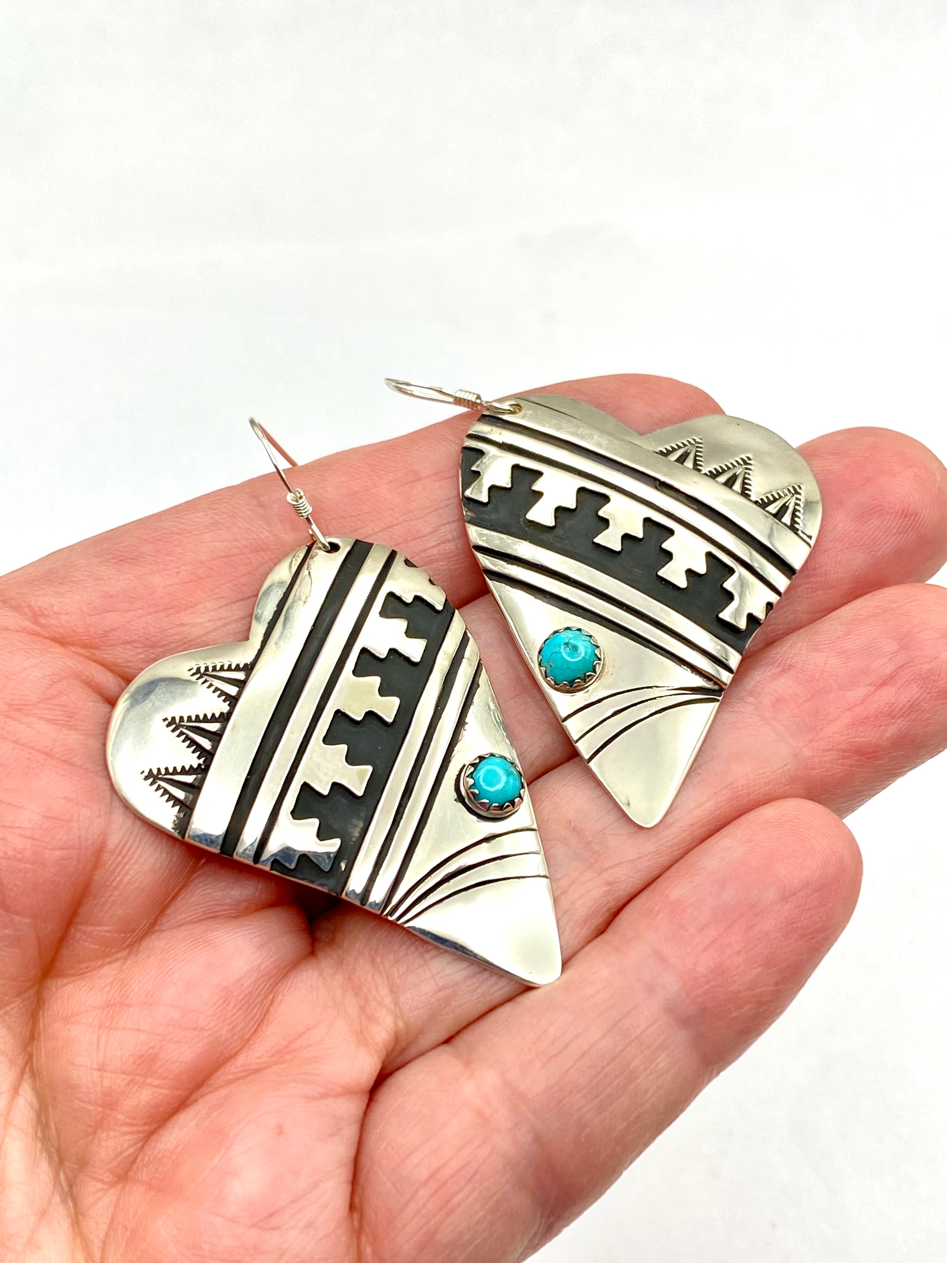 Sterling Overlay Heart Shaped Earrings Snake Eye Turquoise T&R Singer Navajo