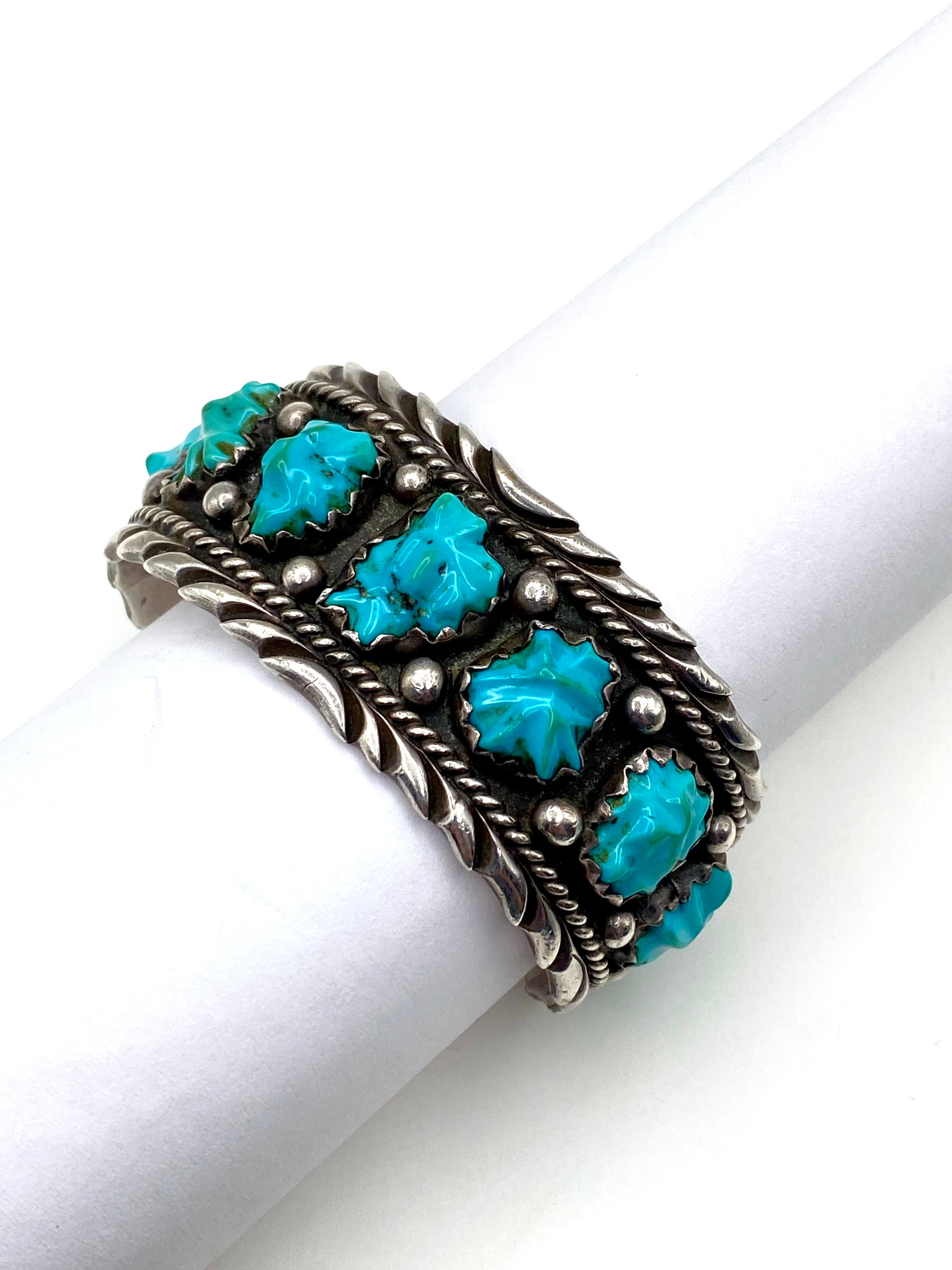 VTG Sterling Cuff Bracelet Carved Turquoise Heavy Gage Native American Signed