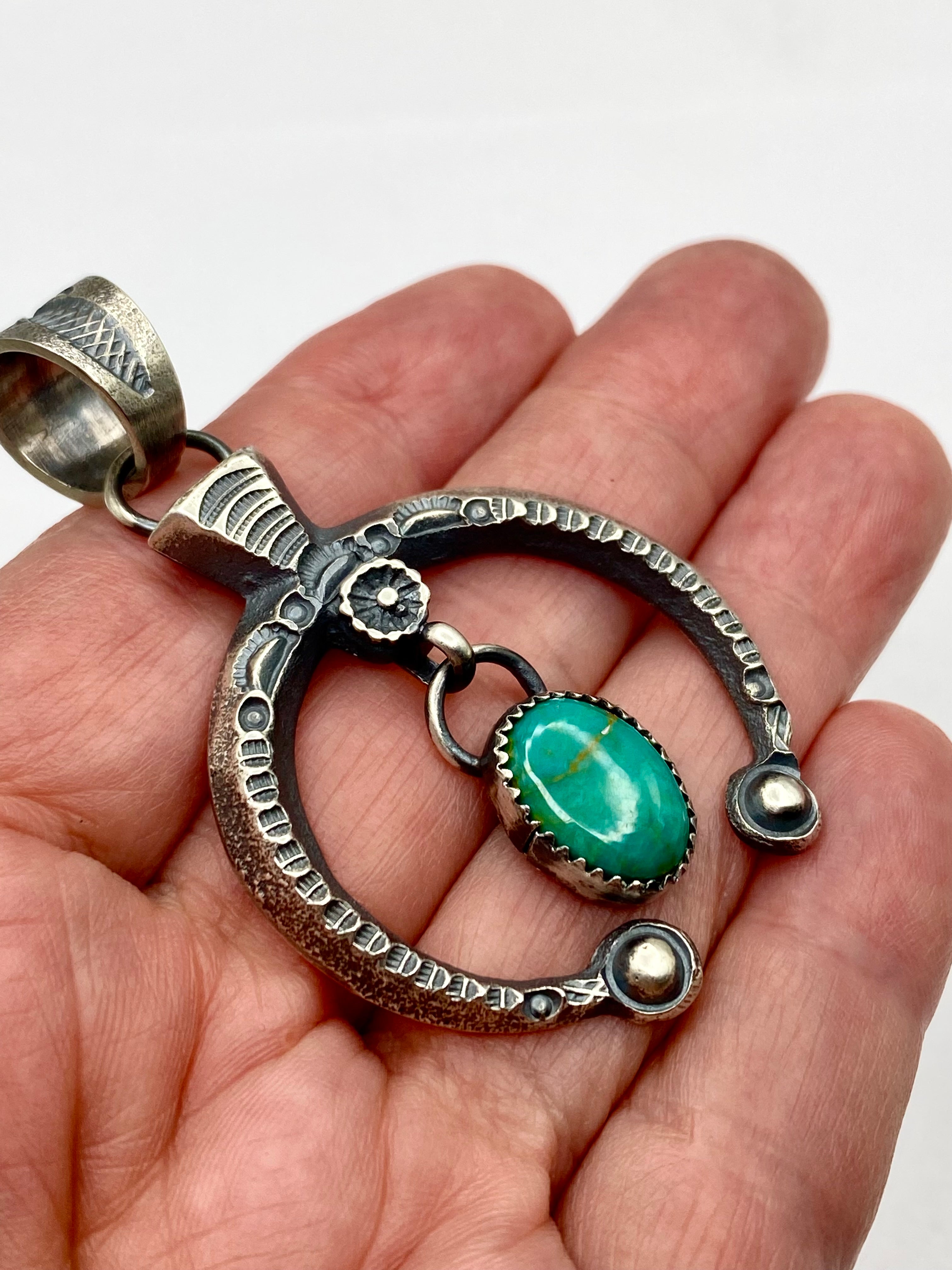 Tufa Cast Sterling Naja Pendant Green Turquoise Dangle Native American Signed