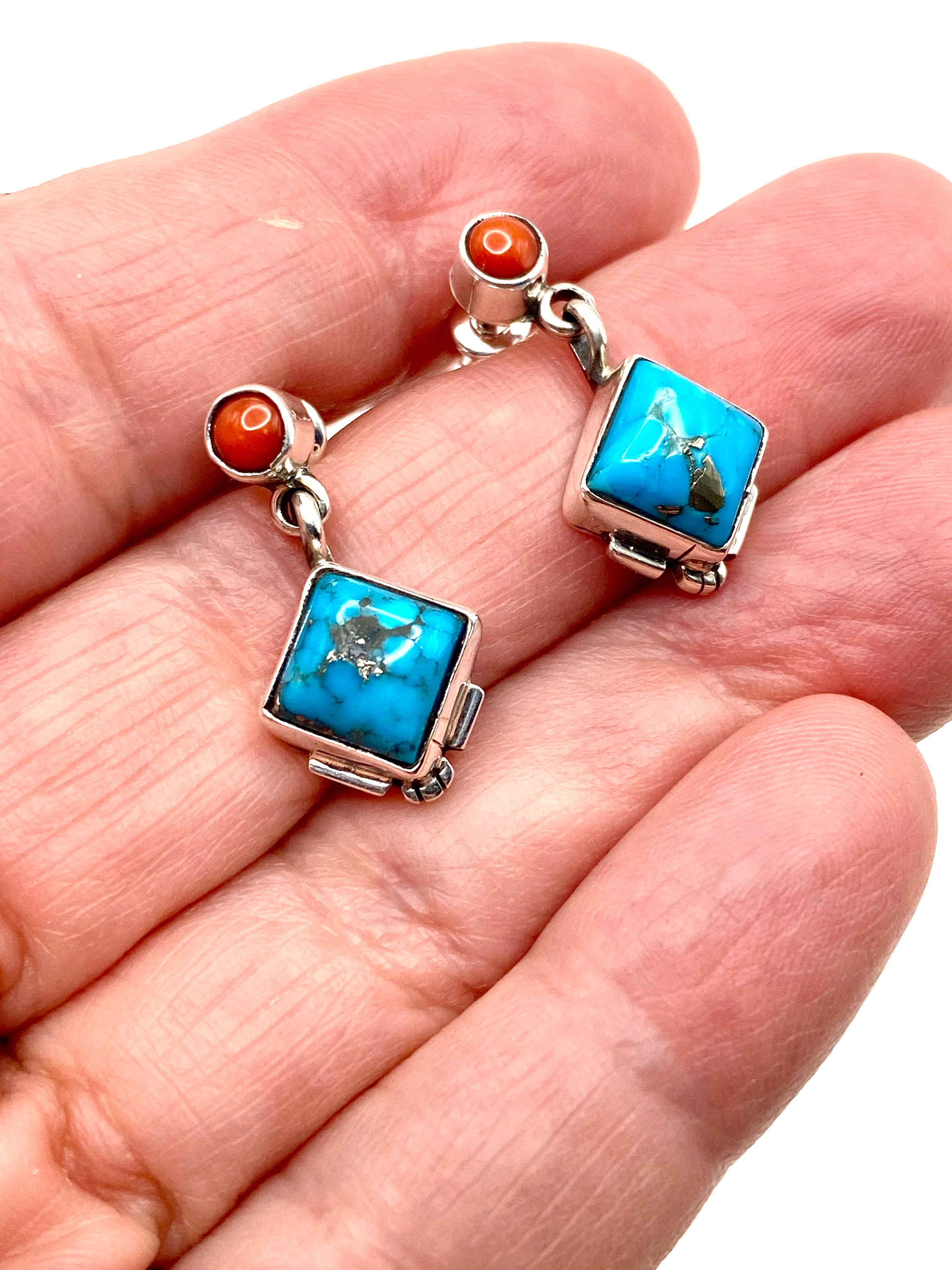 Petite Sterling Turquoise Dangle Earrings Coral Navajo V. Betone Native American