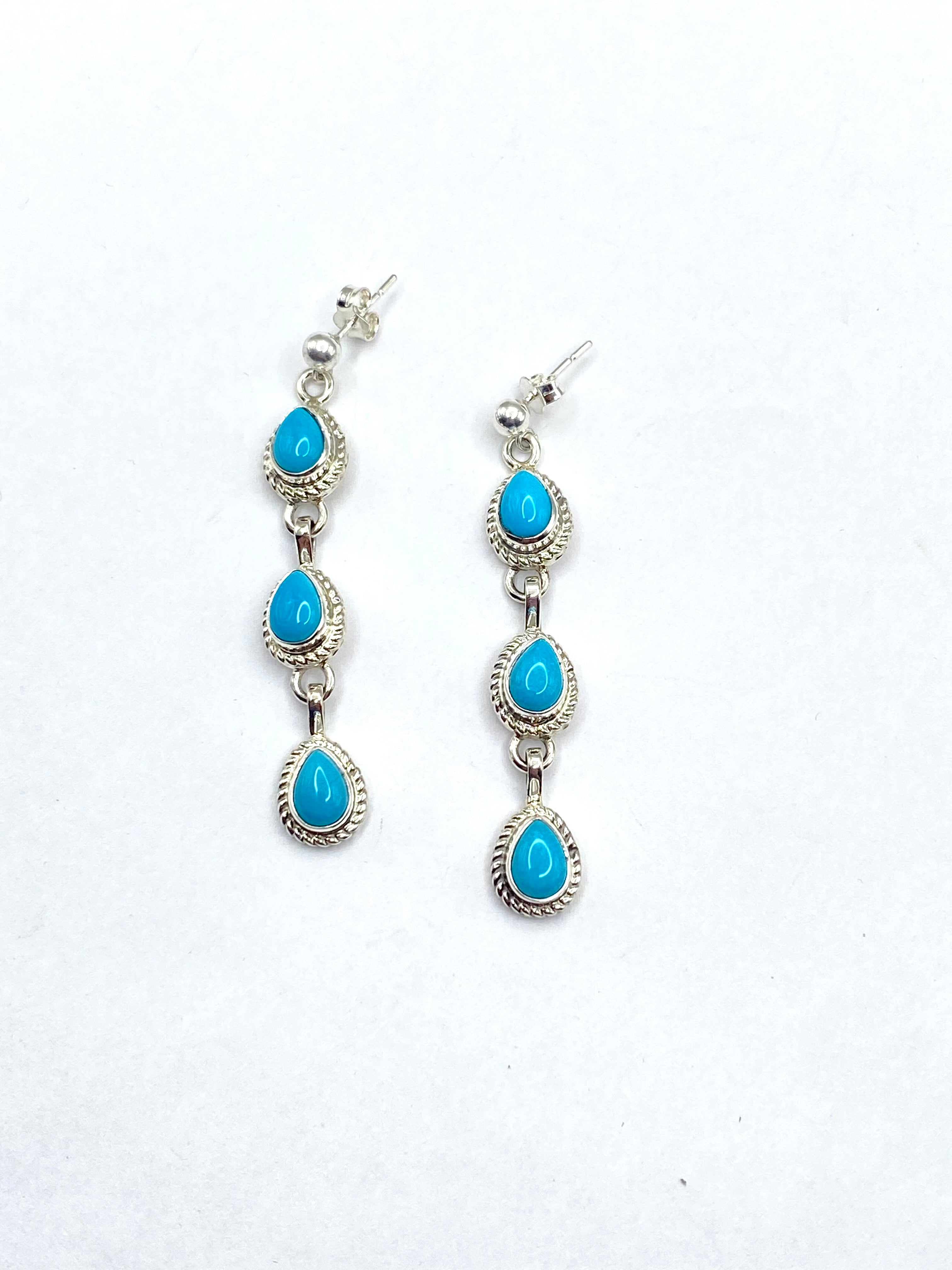 Three Teardrop Turquoise Drop Earrings Sterling Silver New Shirley Henry Navajo