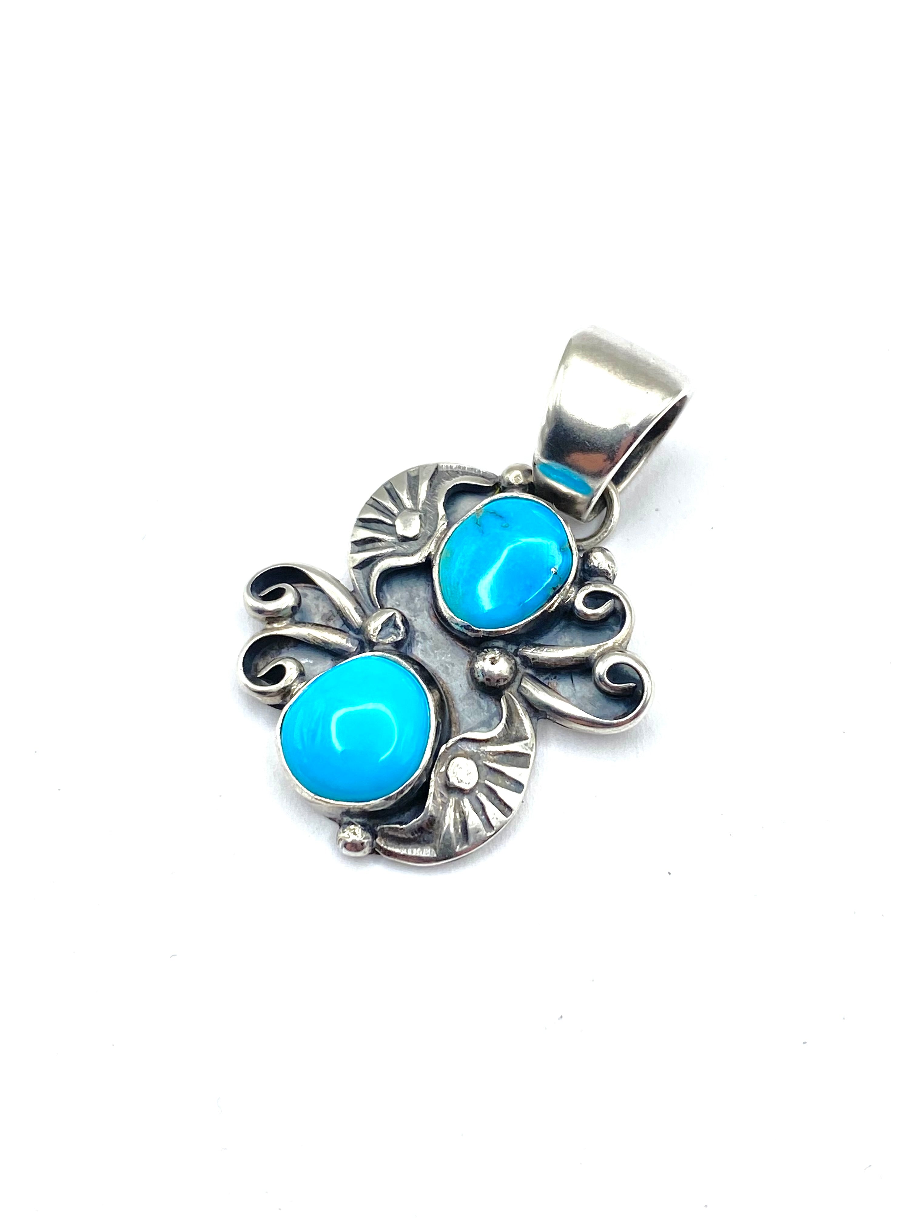 Sterling Silver Kingman Turquoise Pendant Silver Applique Native American Signed