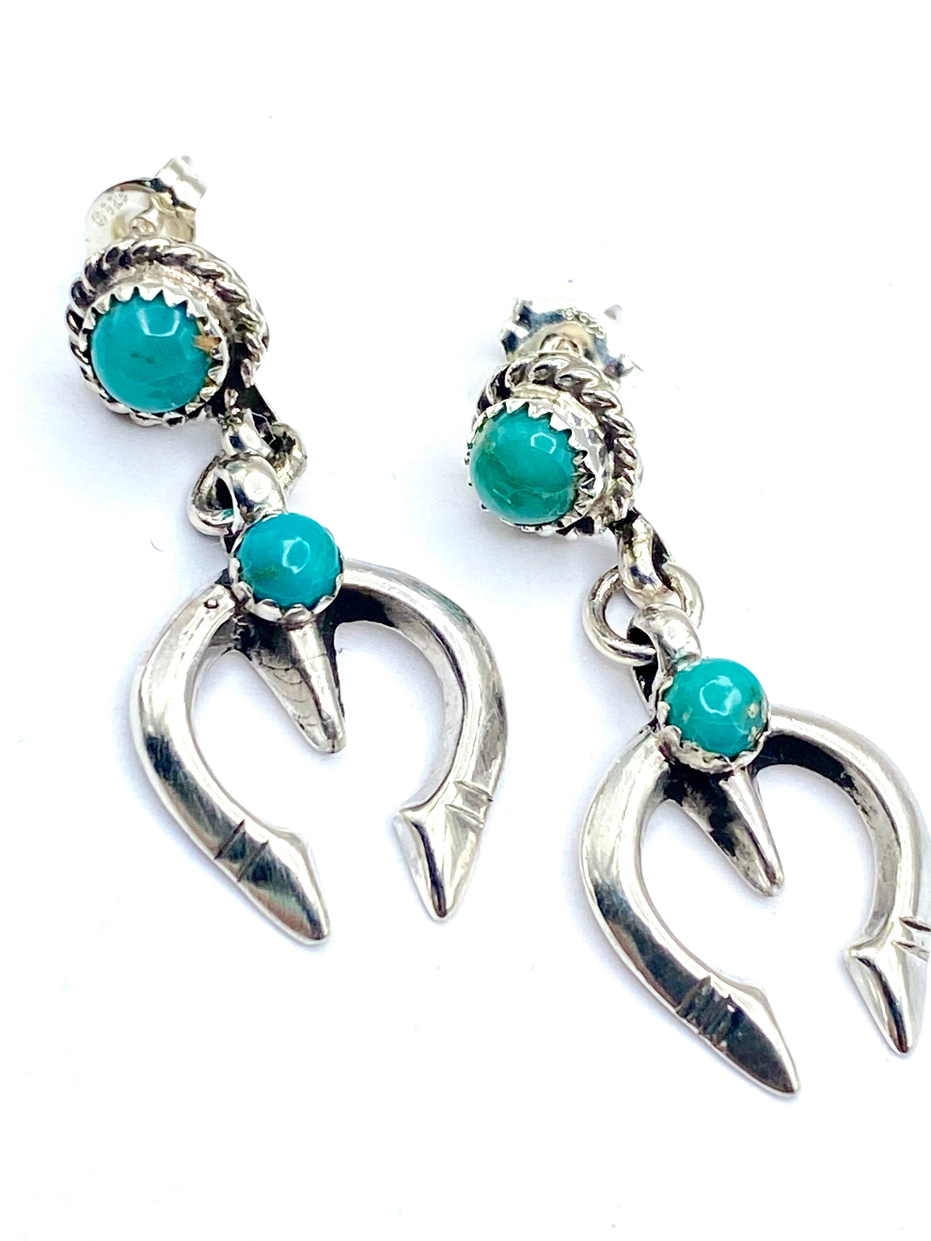 Petite Sterling Naja Dangle Earrings Green Turquoise Native American