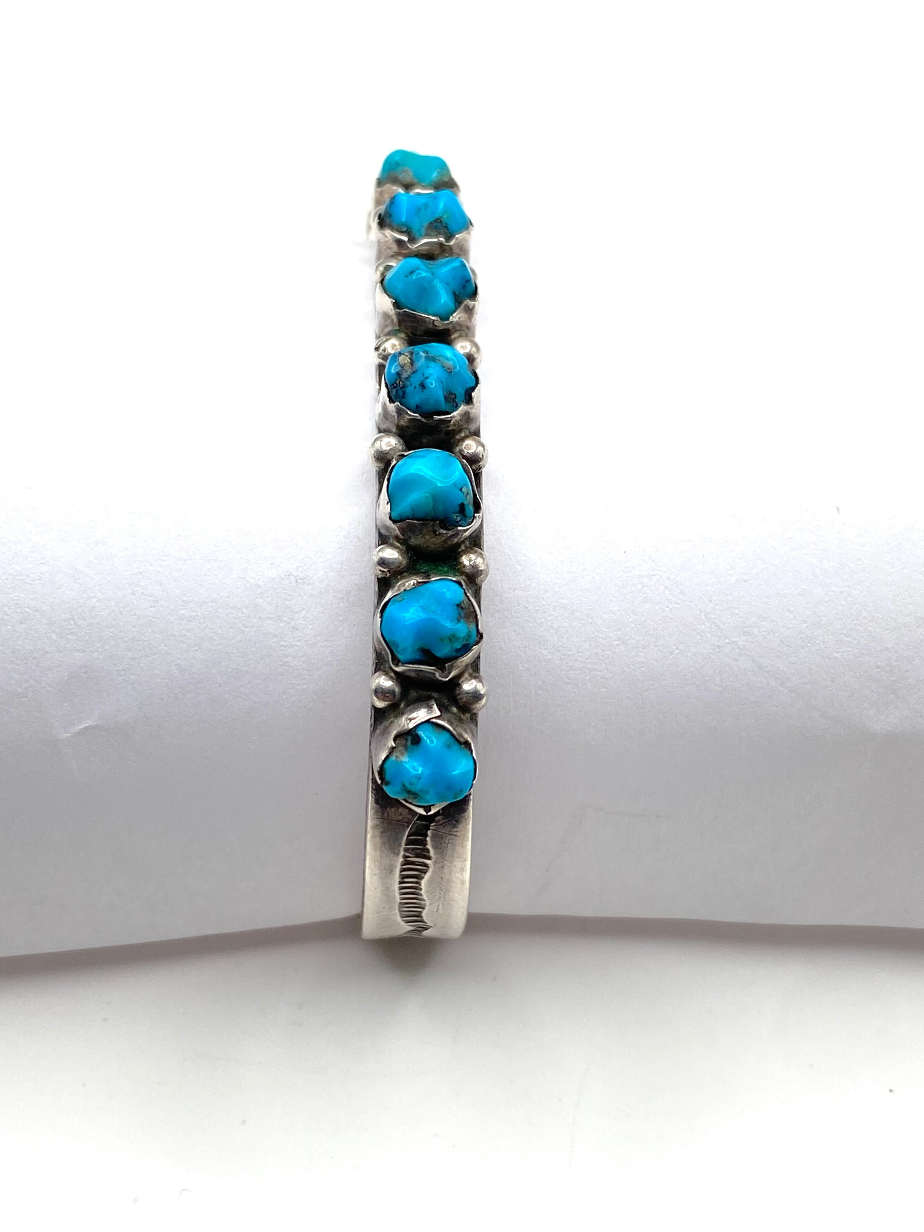 Vintage Sterling Narrow Cuff Bracelet Carved Turquoise Native American Signed
