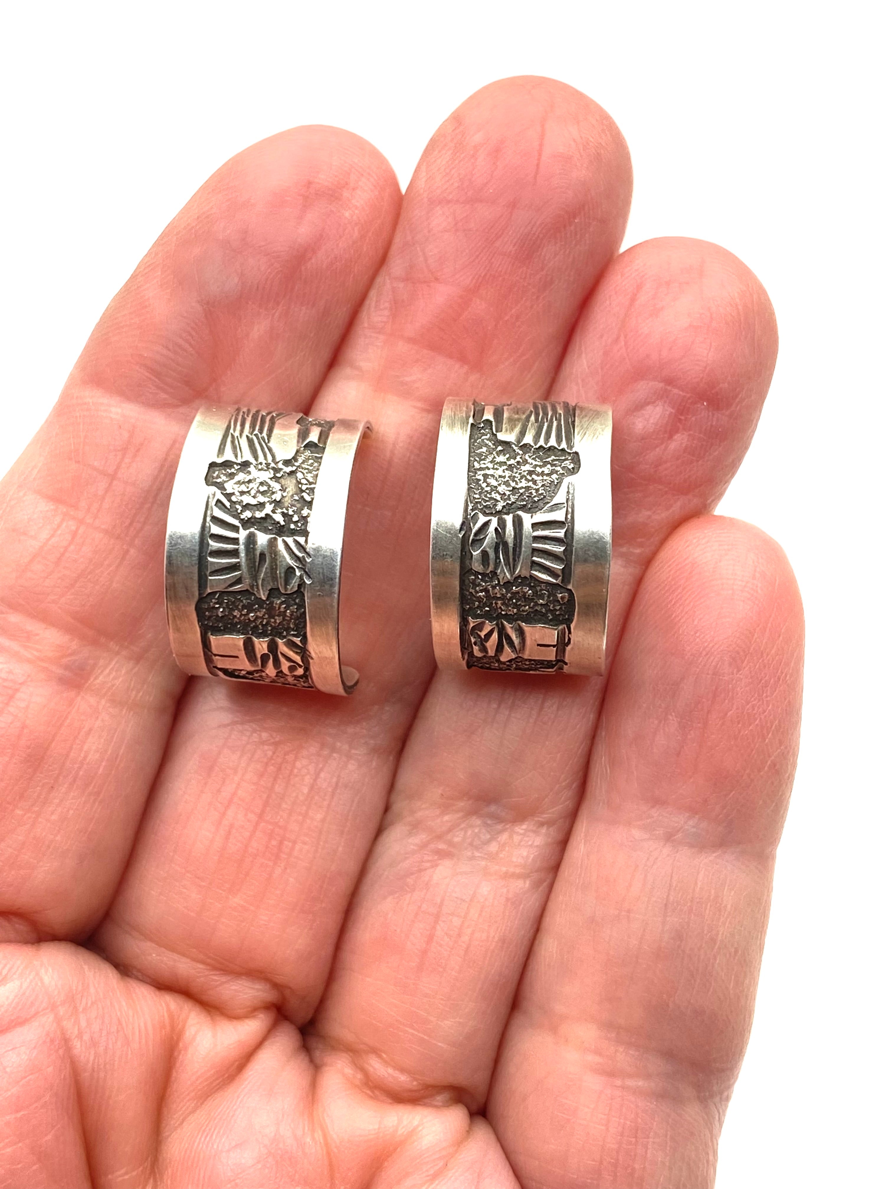Sterling Silver Wide Hoop Earrings Story Teller Design Native American Signed
