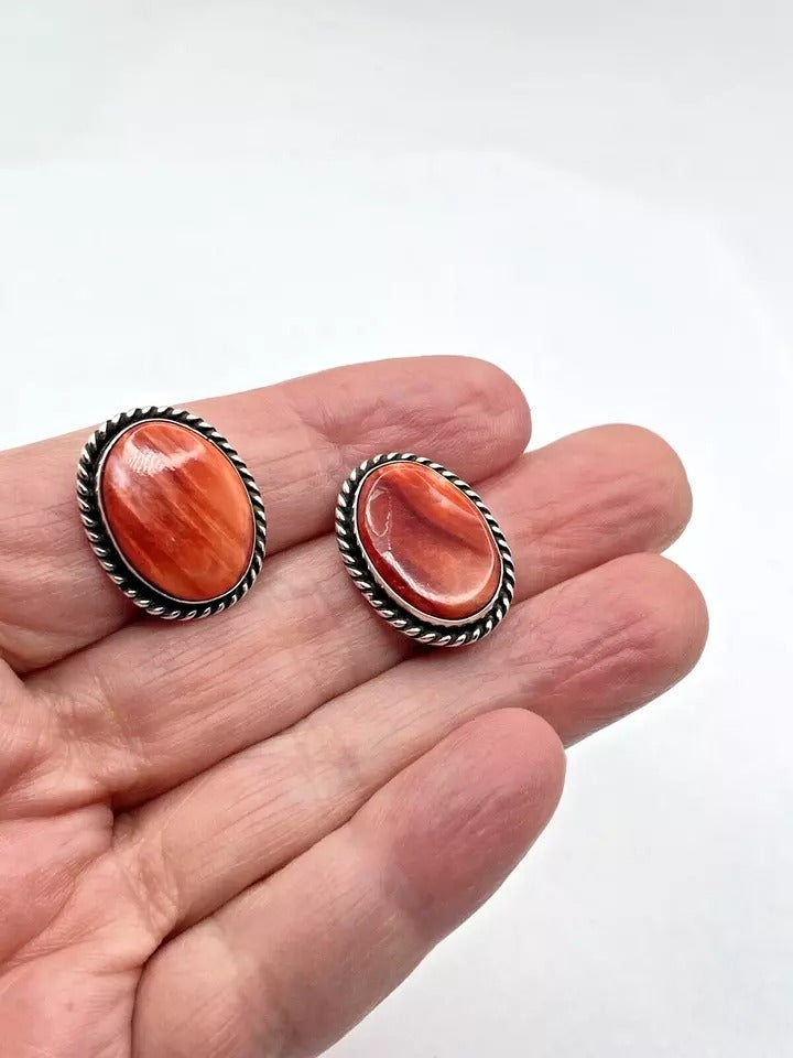 Vintage Spiny Oyster Shell Earrings Sterling Silver CLIP ON Native American