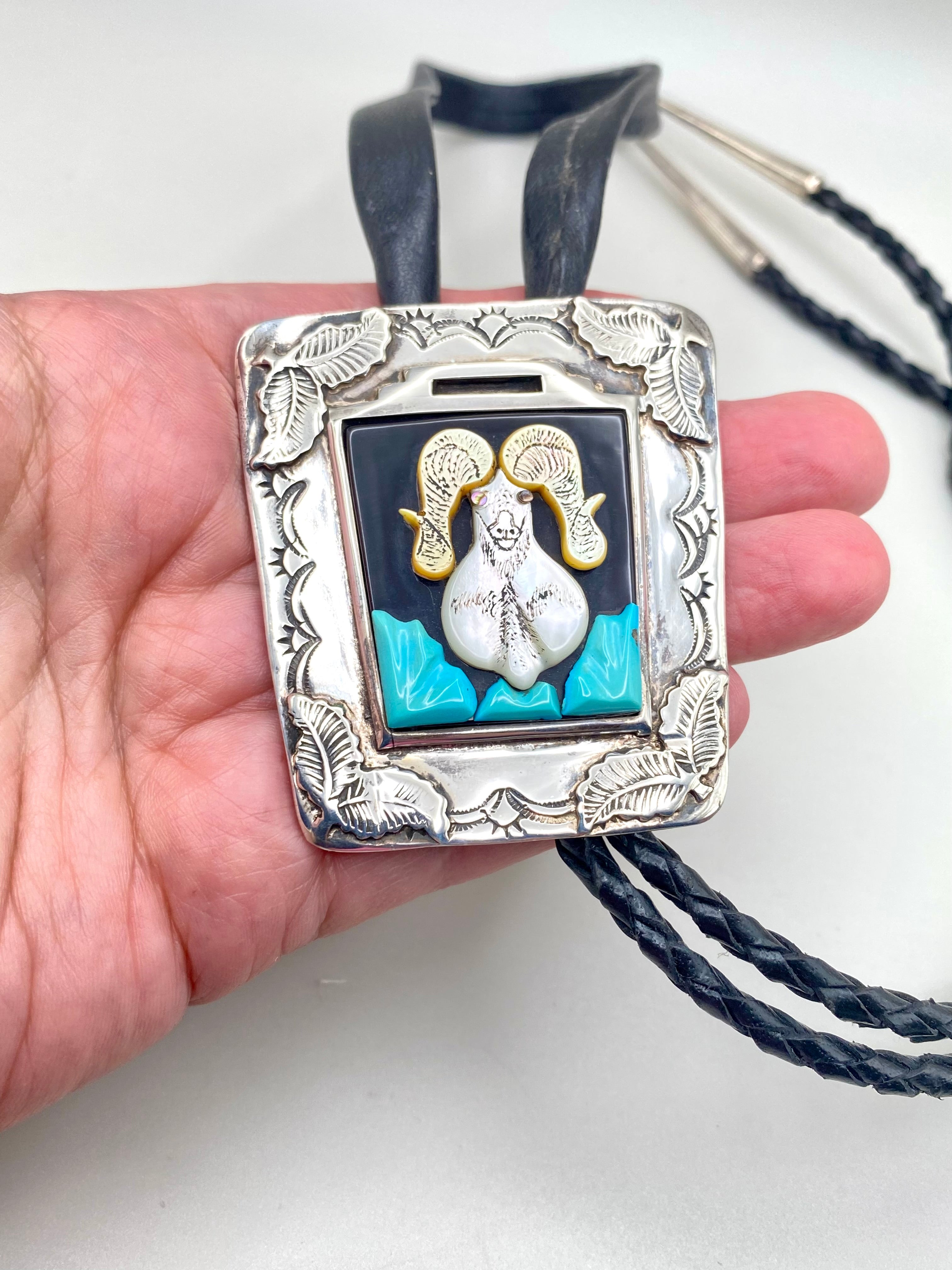 VTG Bighorn Sheep Inlay Bolo Tie Heavy Gauge Sterling 3D Turquoise J. Quam Zuni