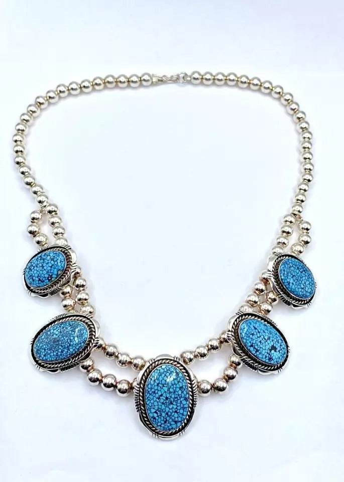 Kingman Spiderweb Turquoise Necklace 19" Sterling Silver Beads Navajo E. Belone