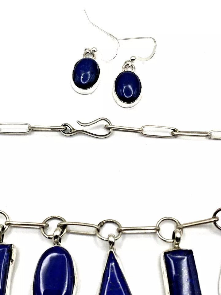 Lapis 5-Pendant Necklace Earring Set Handmade Chain 25" Navajo Native American