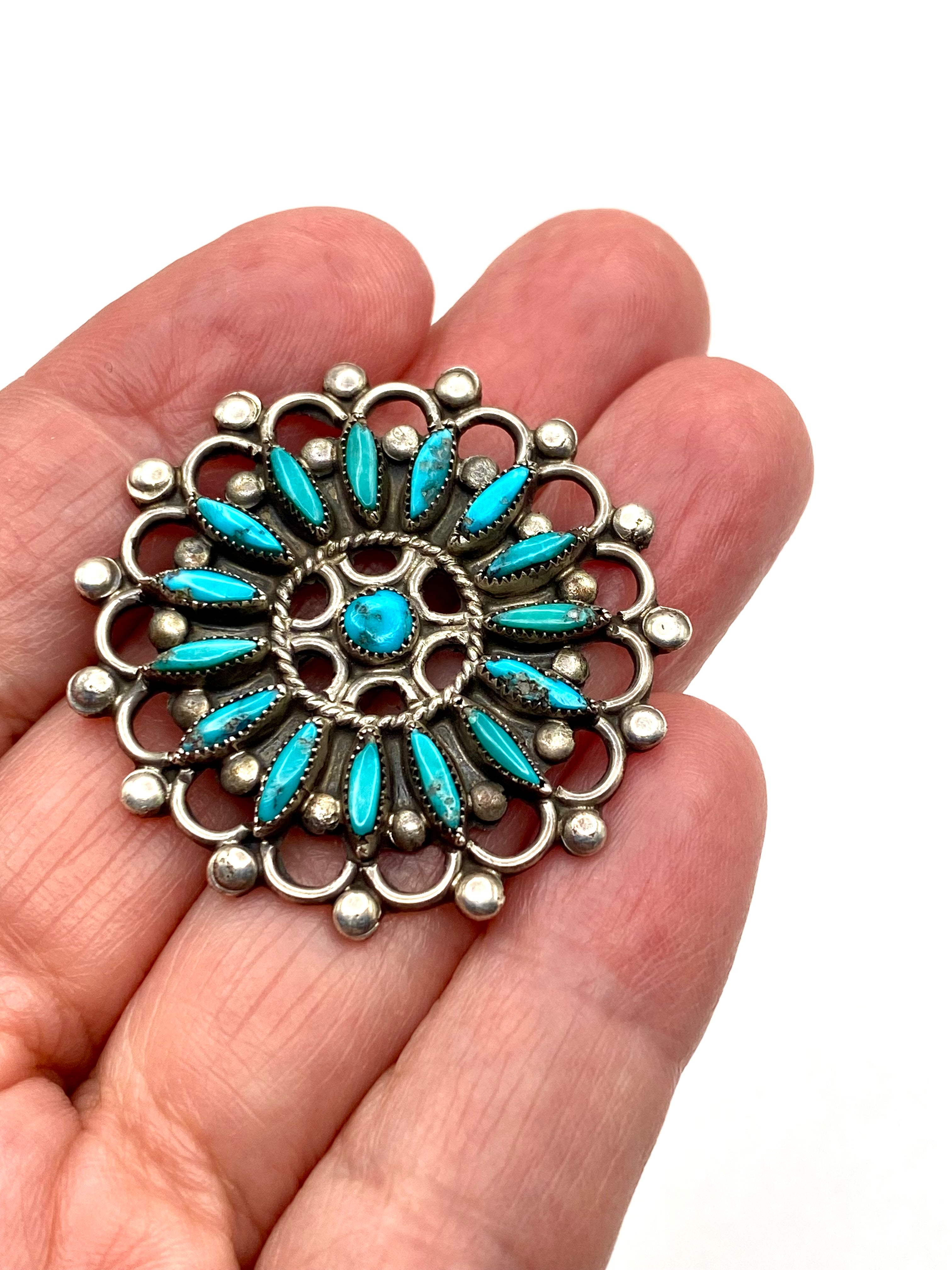 VTG Zuni Needlepoint Turquoise Silver Pin Brooch Native American ca. 1960s