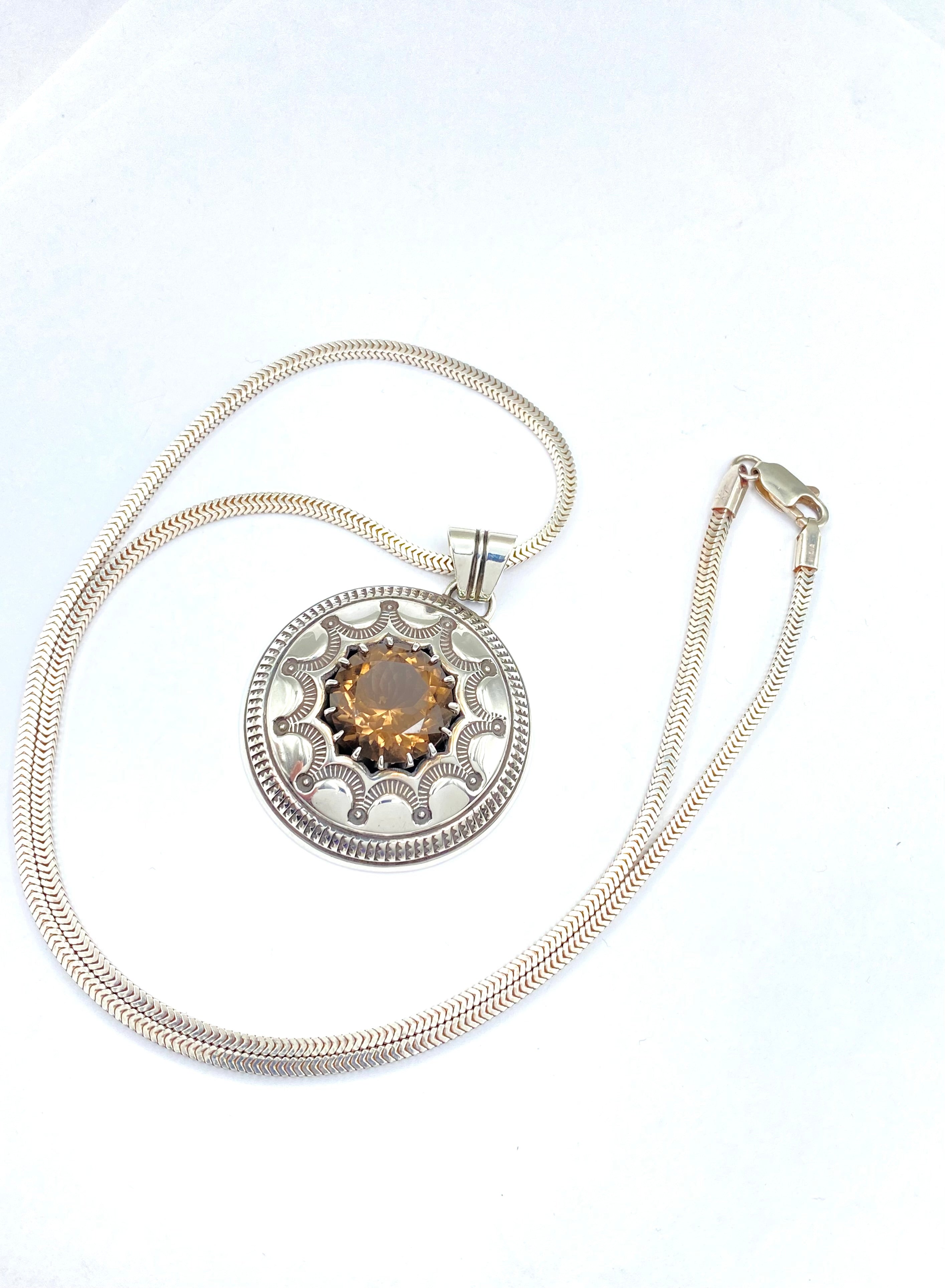 VTG Sterling Stamped Round Pendant Smoky Topaz Native American Signed