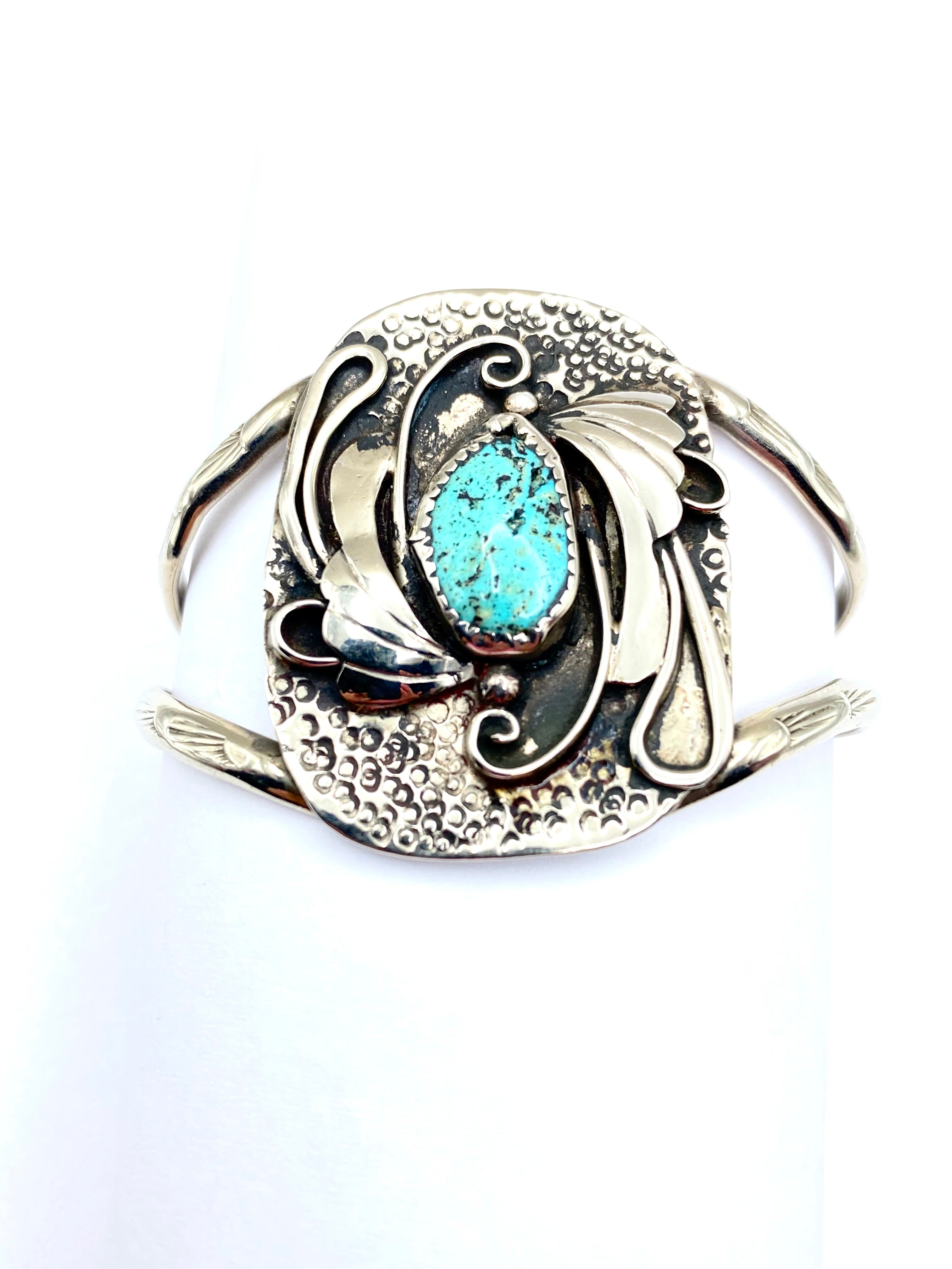VTG Sterling Turquoise Bracelet 2-Rail Leaf Applique Lightweight Native American