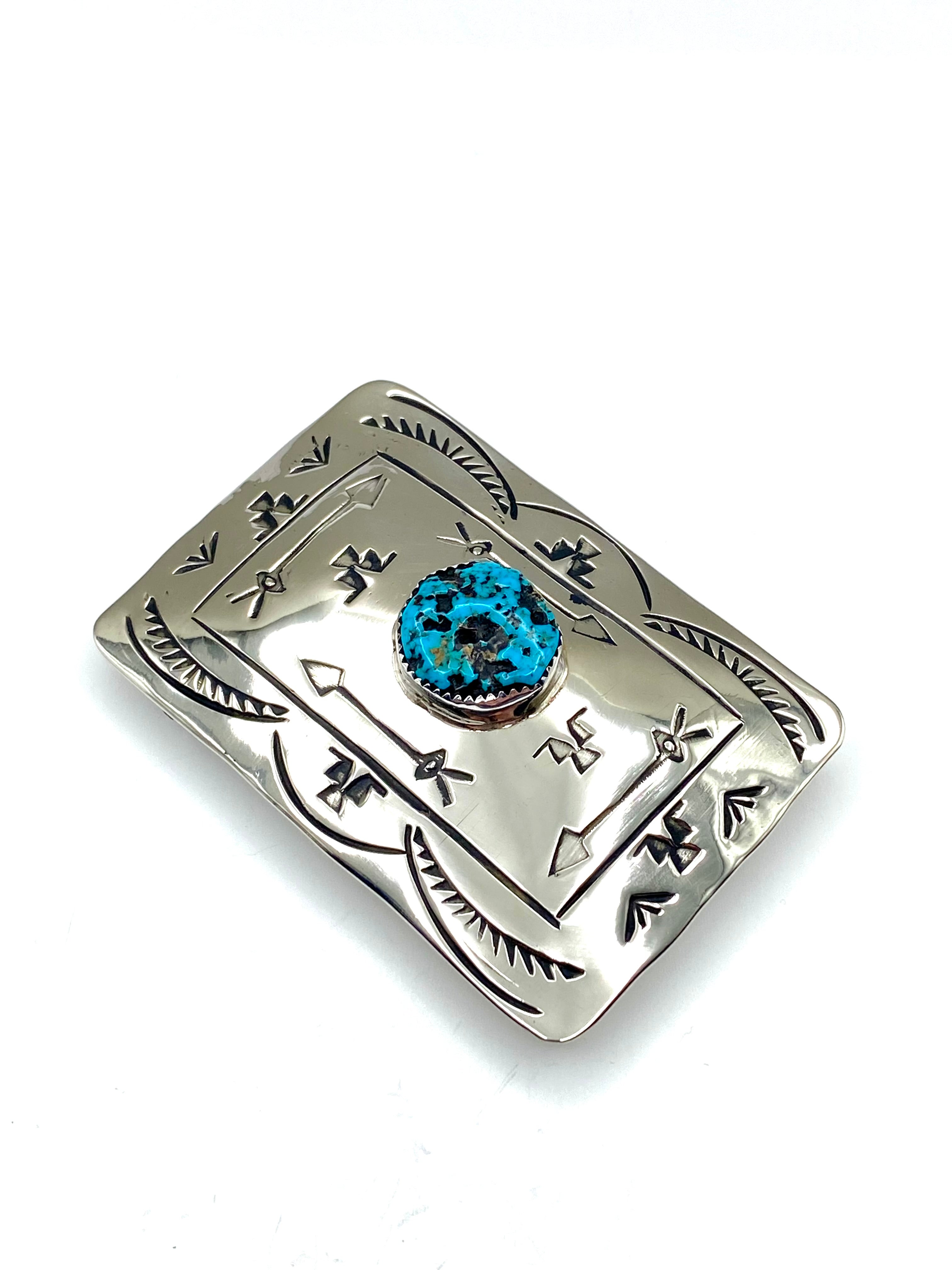 Nickel Silver Belt Buckle Kingman Turquoise Stamp Work Navajo Rocky Little