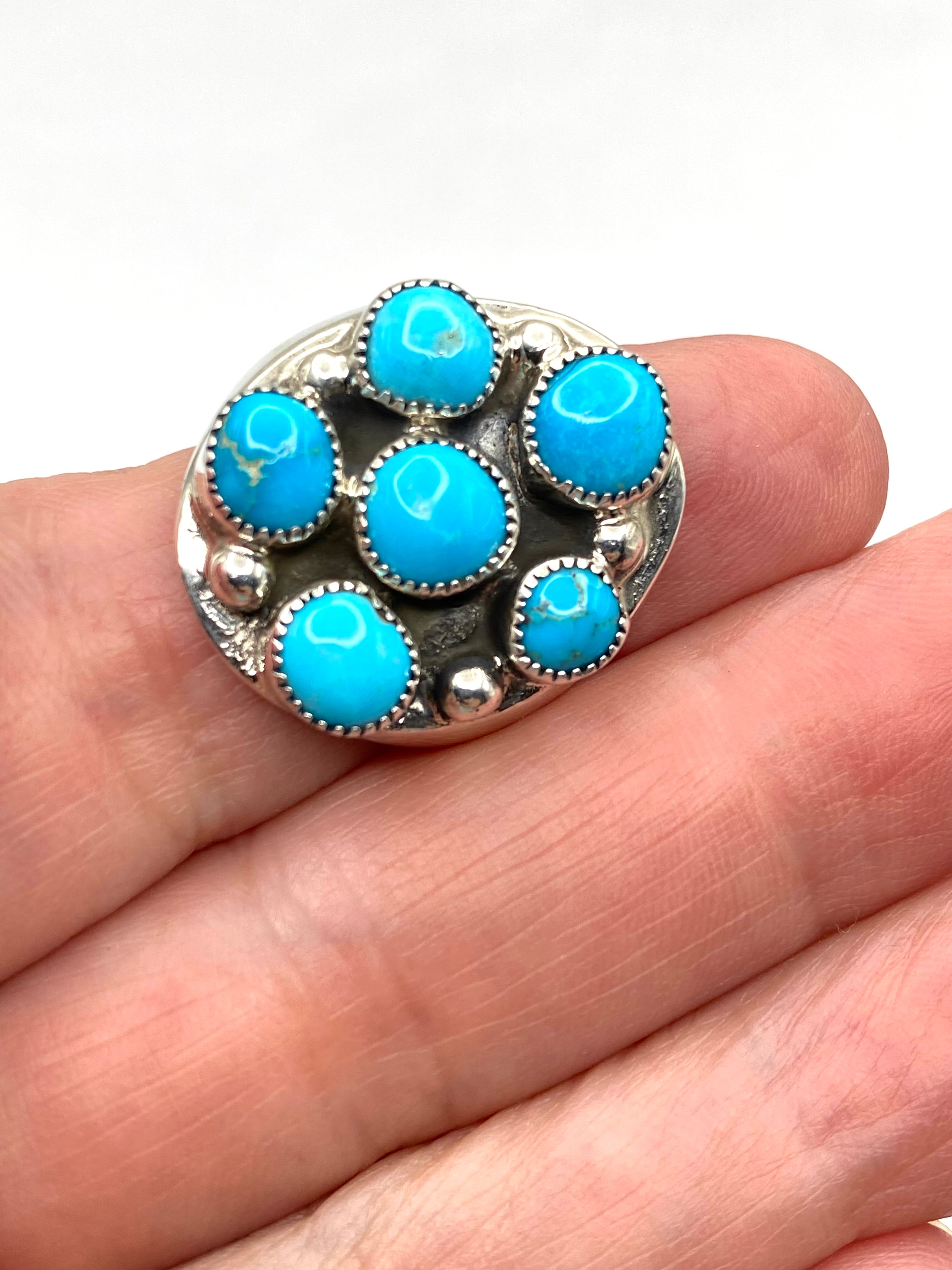 Sterling Heavy Gauge Turquoise Cluster Ring Size 10 Flared Band Native American