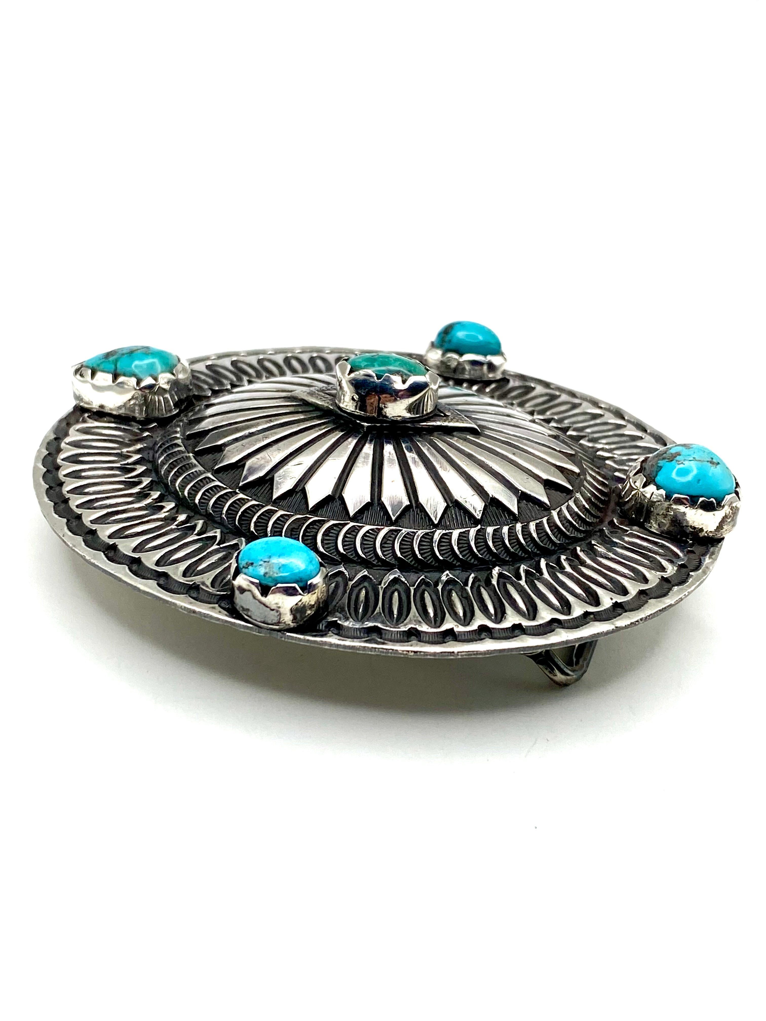 Heavy Gage Sterling Silver Oval Belt Buckle Turquoise Rick Martinez Navajo