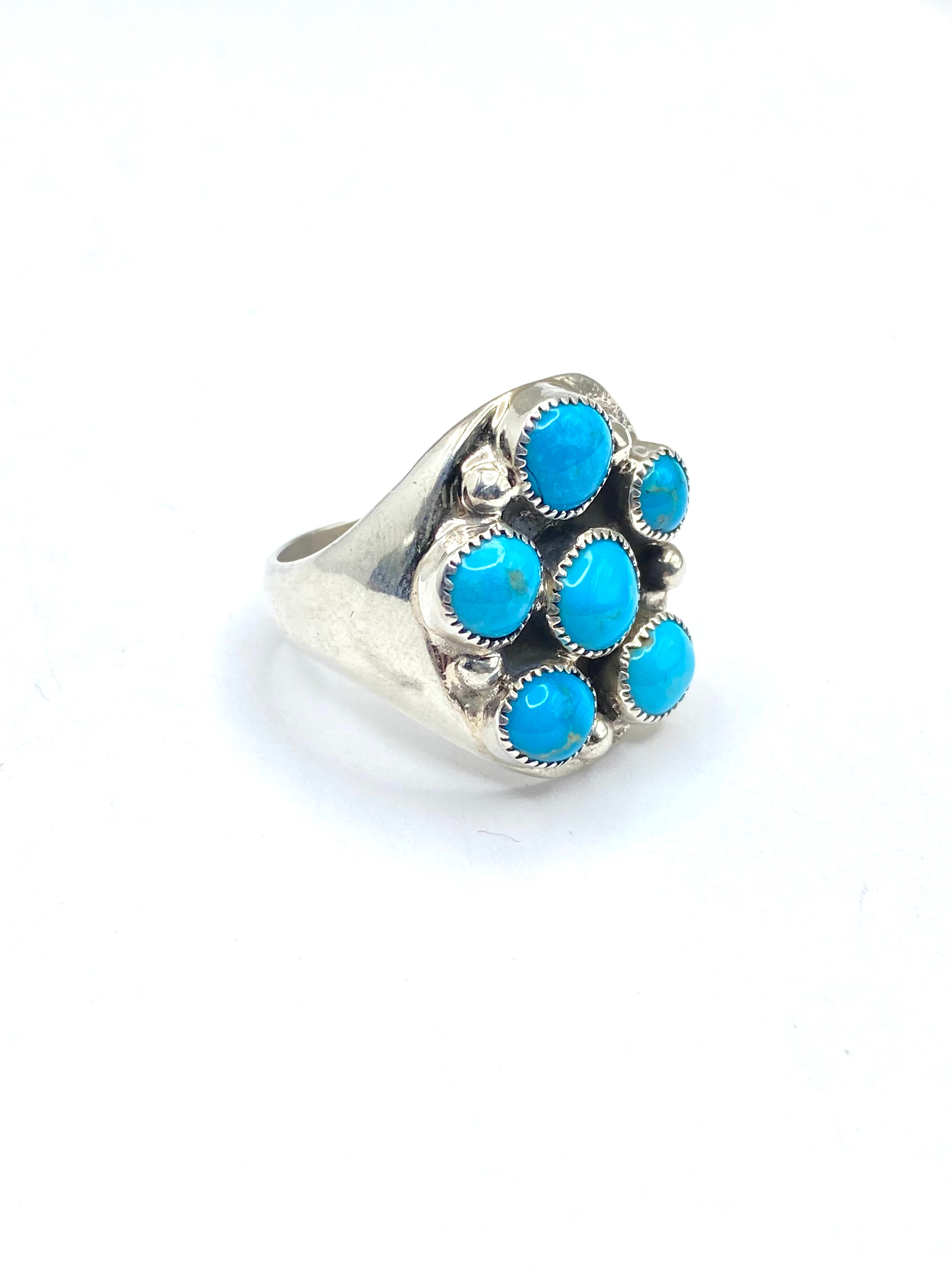 Sterling Heavy Gauge Turquoise Cluster Ring Size 10 Flared Band Native American
