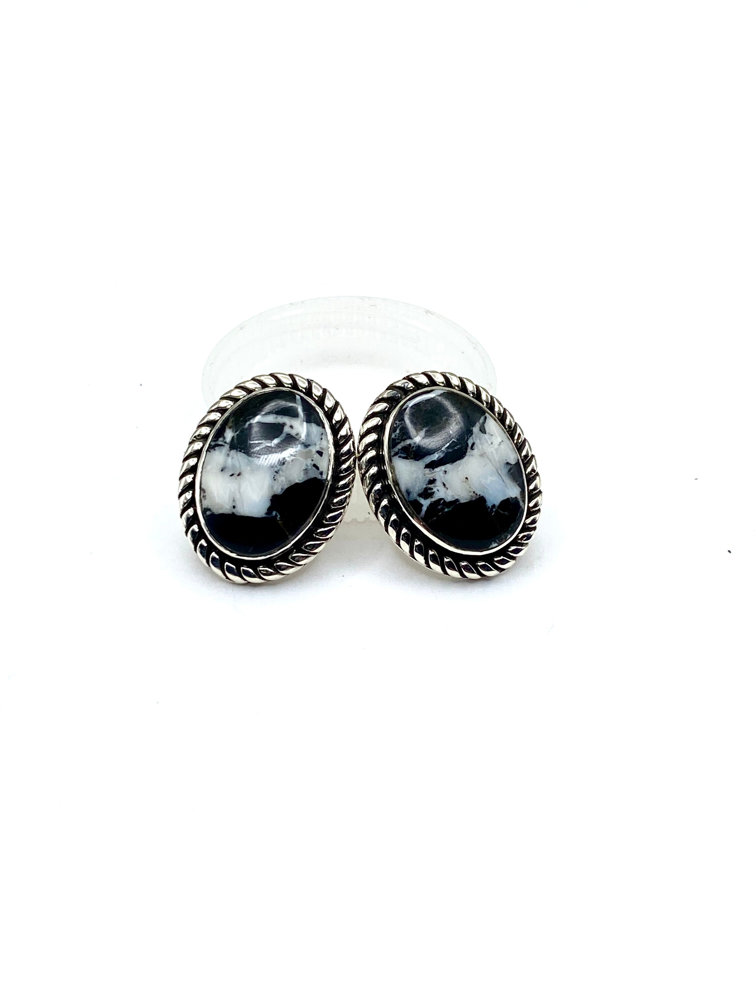 Sterling Silver White Buffalo Earrings  Oval Posts Native American Signed