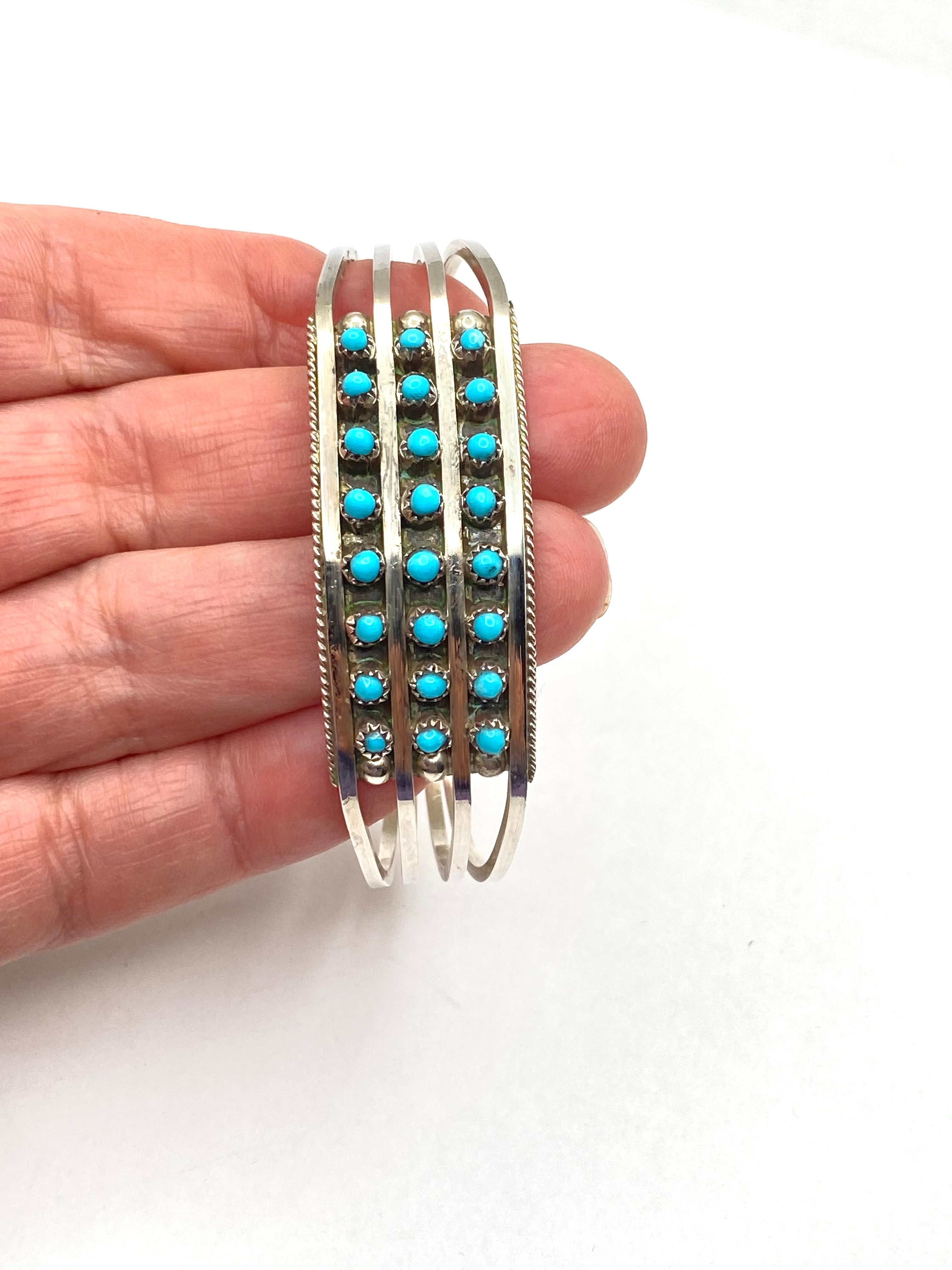 Sterling 4-Rail Bracelet Petite Turquoise 3-Row Zuni Native American Signed