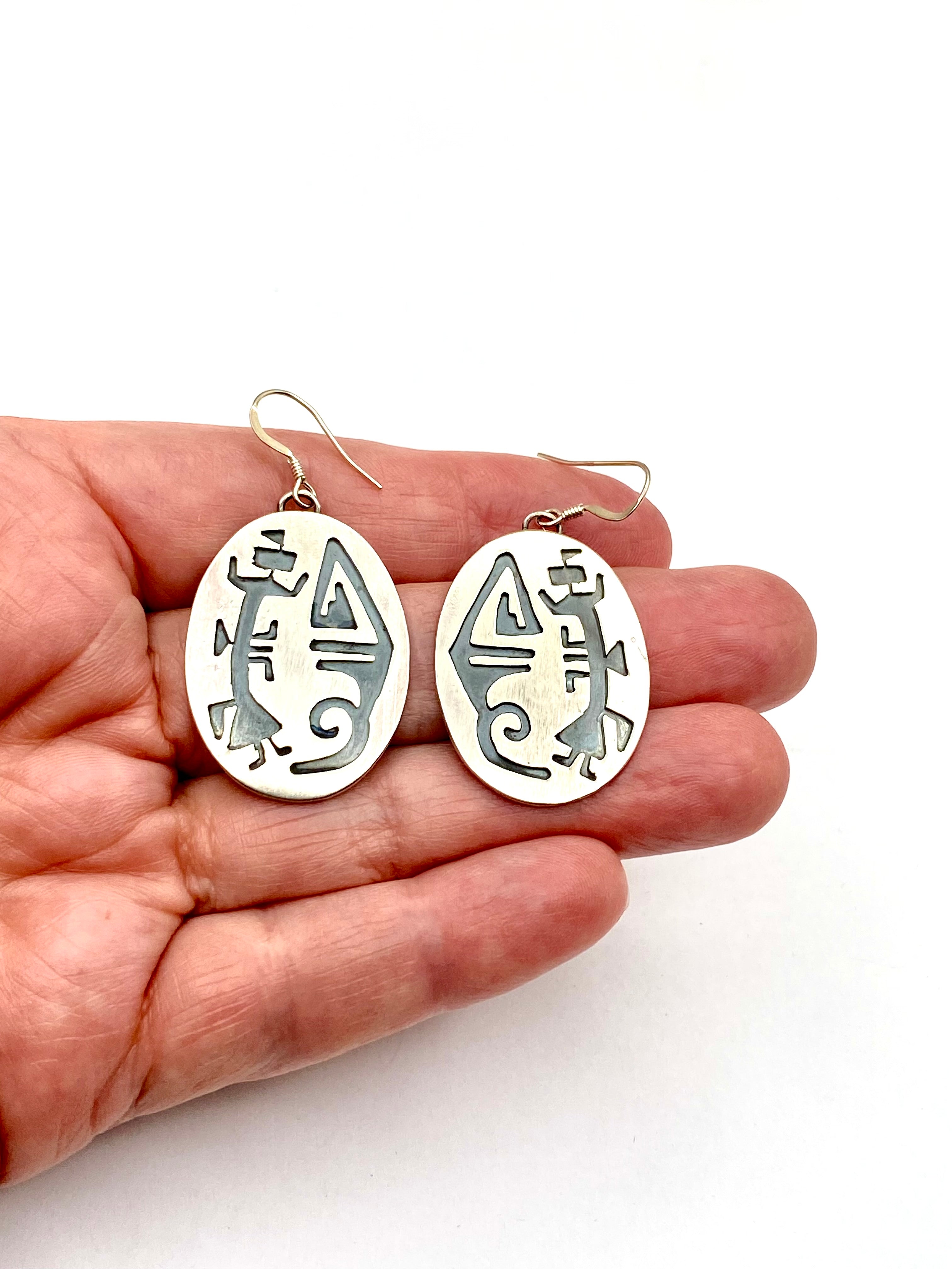 Sterling Silver Overlay Earrings Oval Kachina Figure Native American Handmade