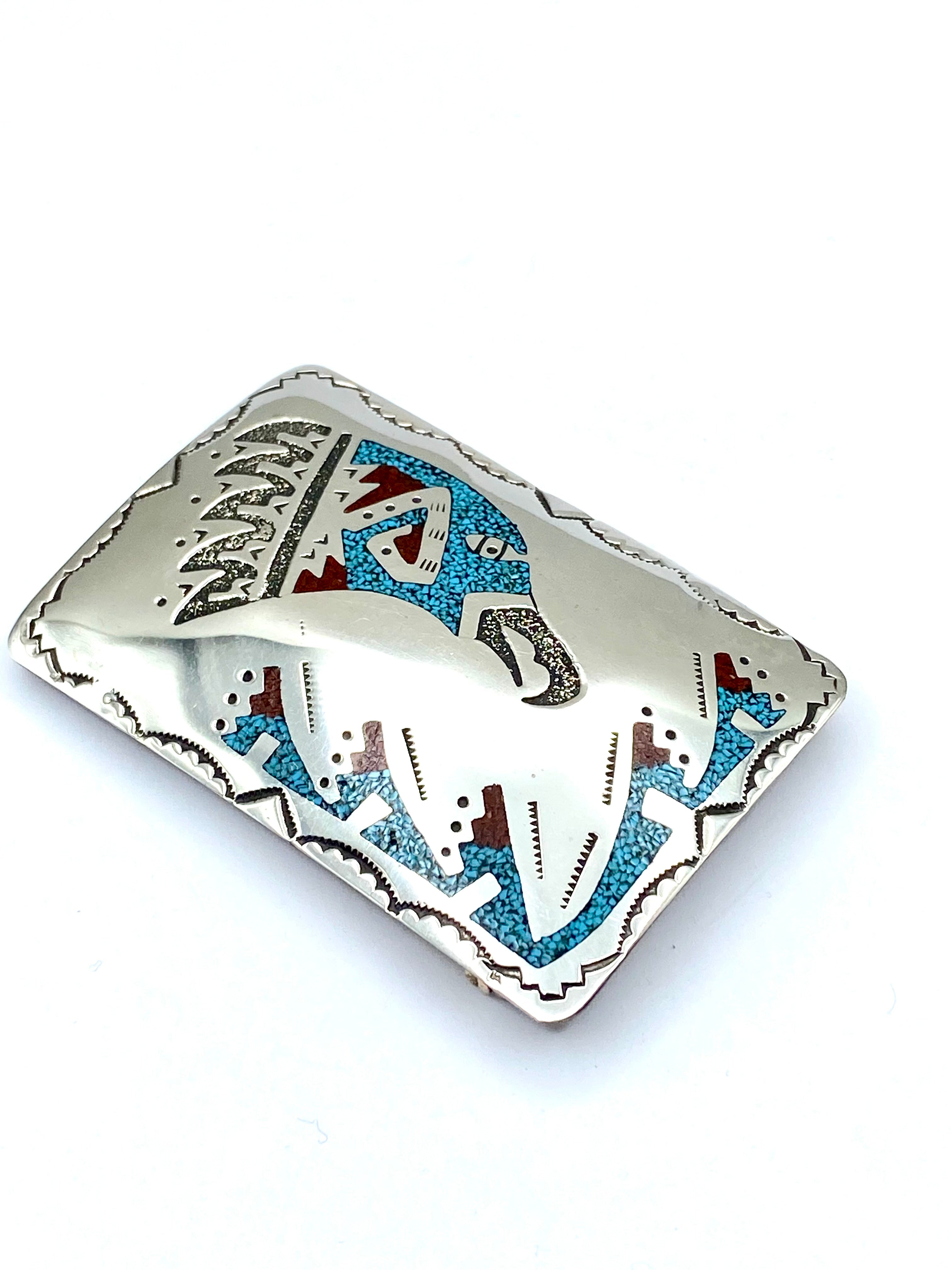Sterling Belt Buckle Turquoise Coral Chip Inlay Eagle Head Raymond Begay Navajo