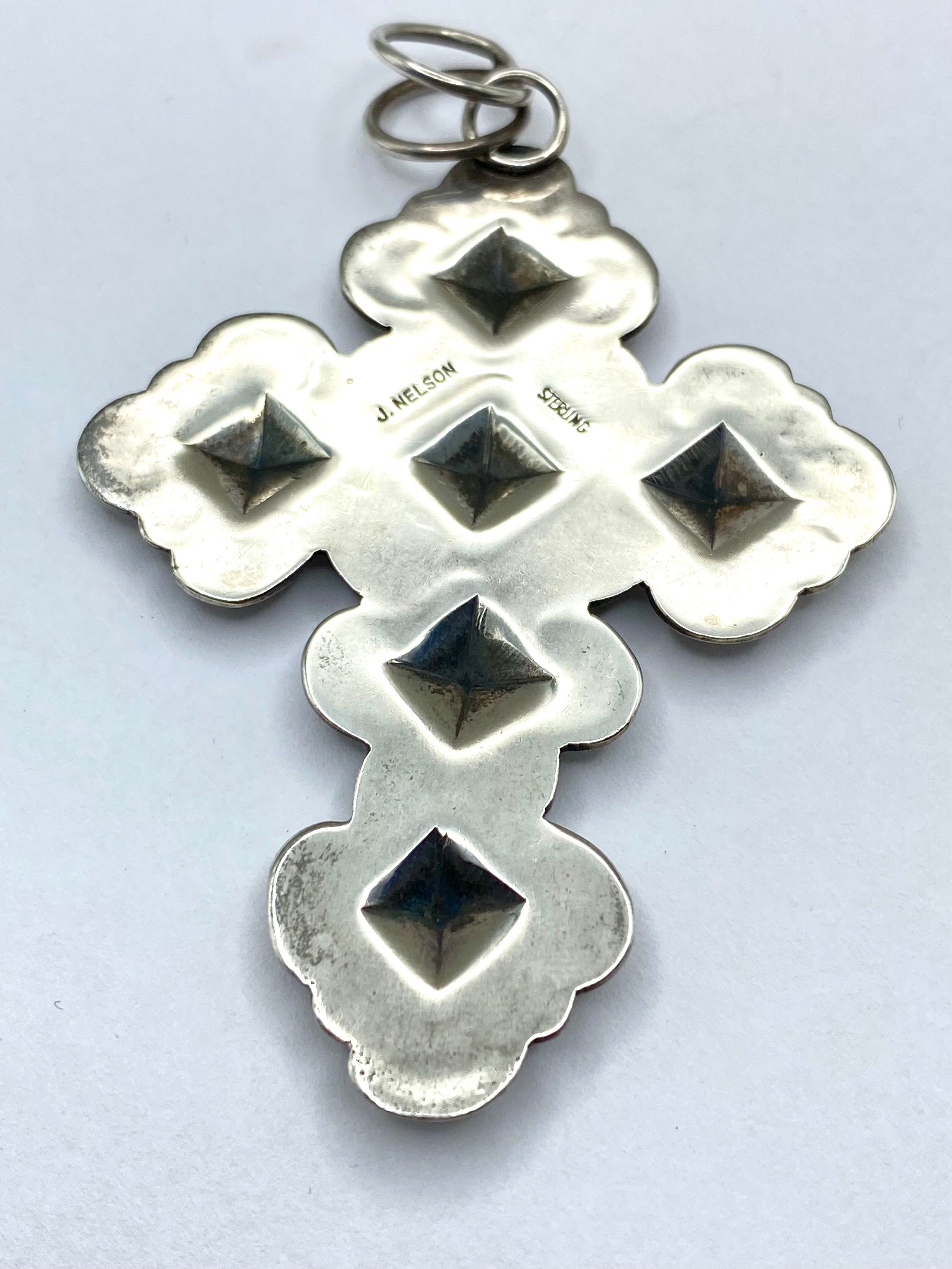 Scalloped Sterling Cross Pendant Lapis Pink Conch John Nelson Navajo