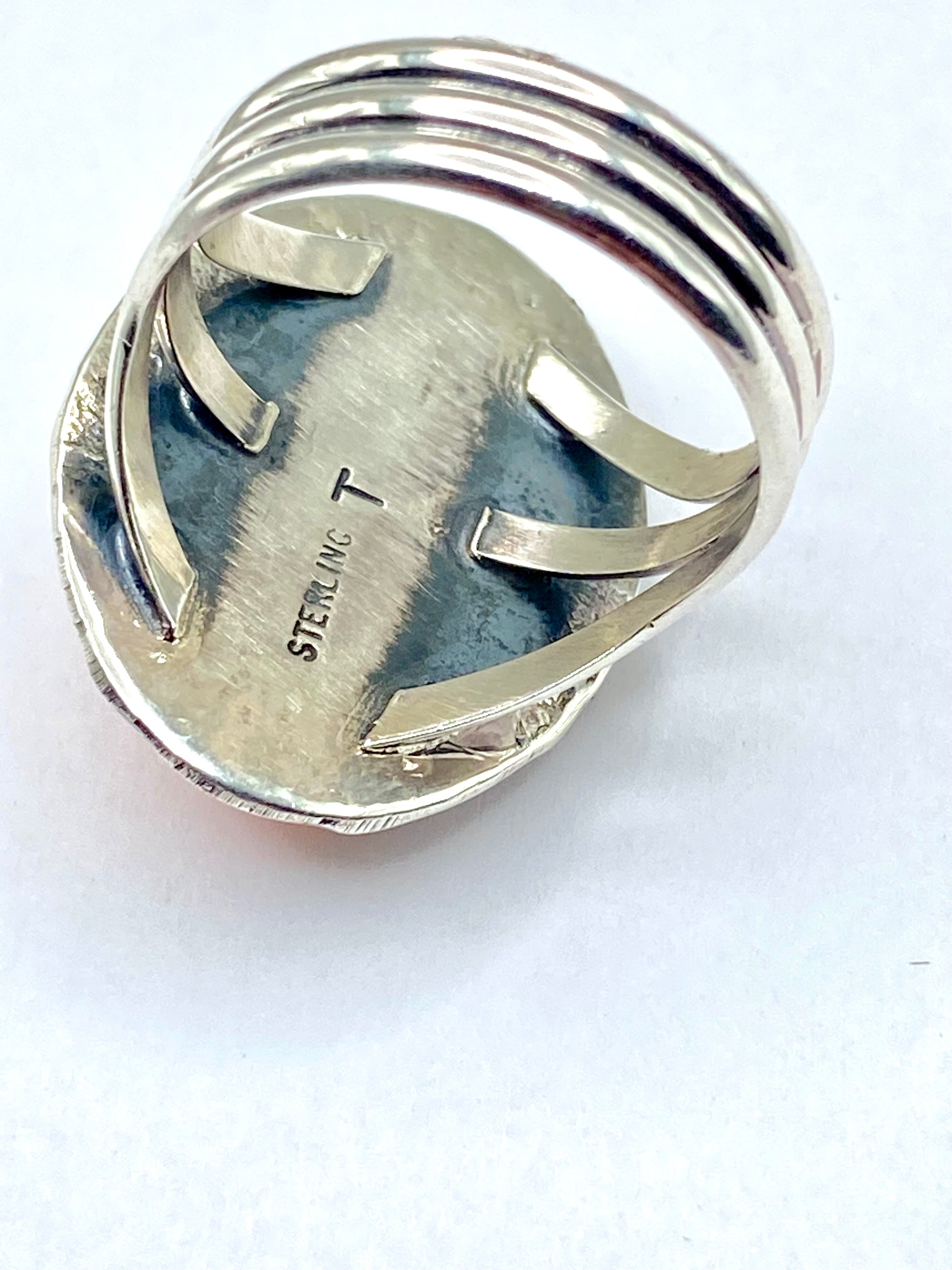 Sterling Triple Shank Ring Spiny Oyster Shell Size 10 Native American Signed