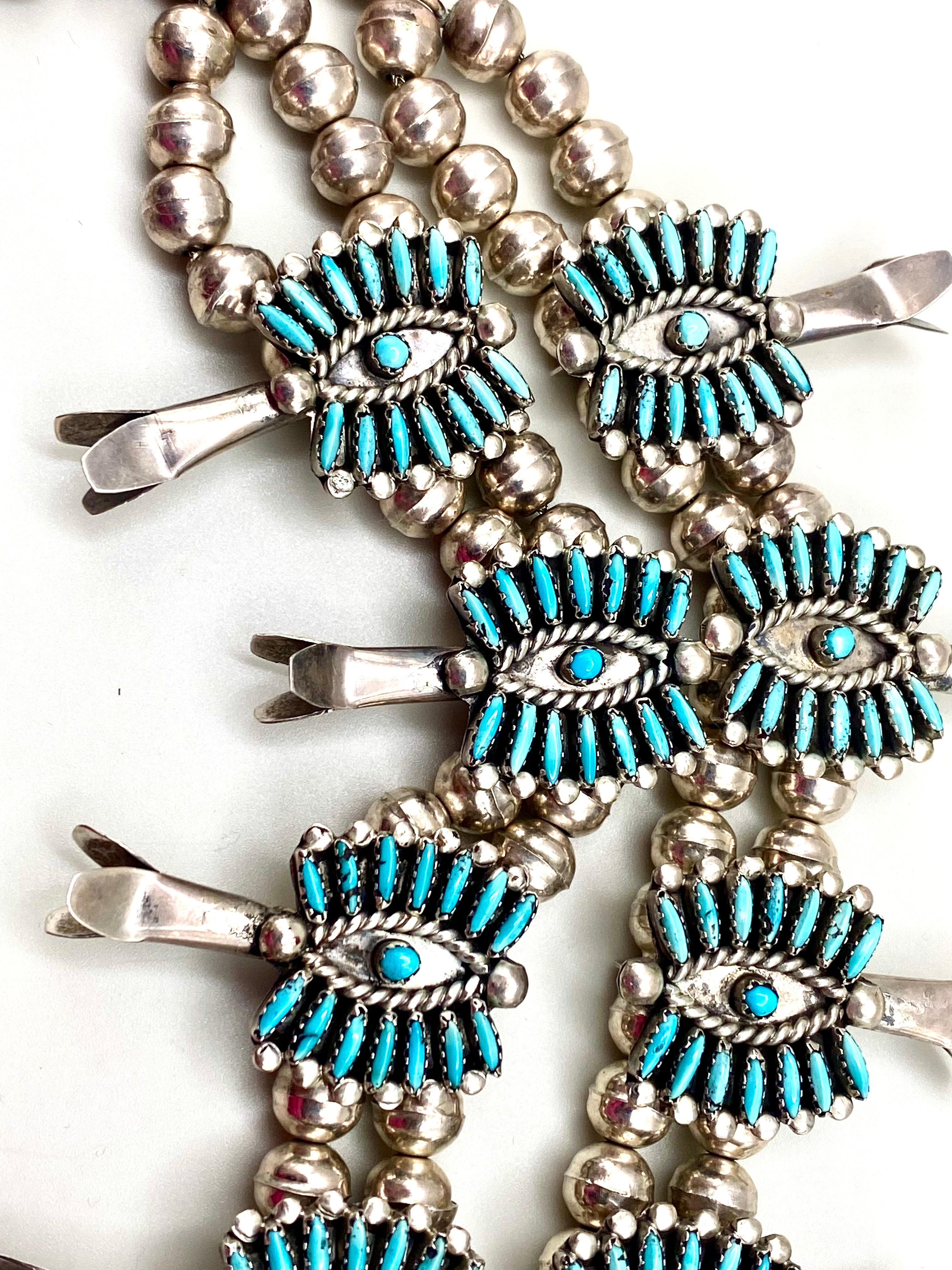 VTG Zuni Needlepoint Turquoise Squash Blossom Necklace Earring Set c. 1960s