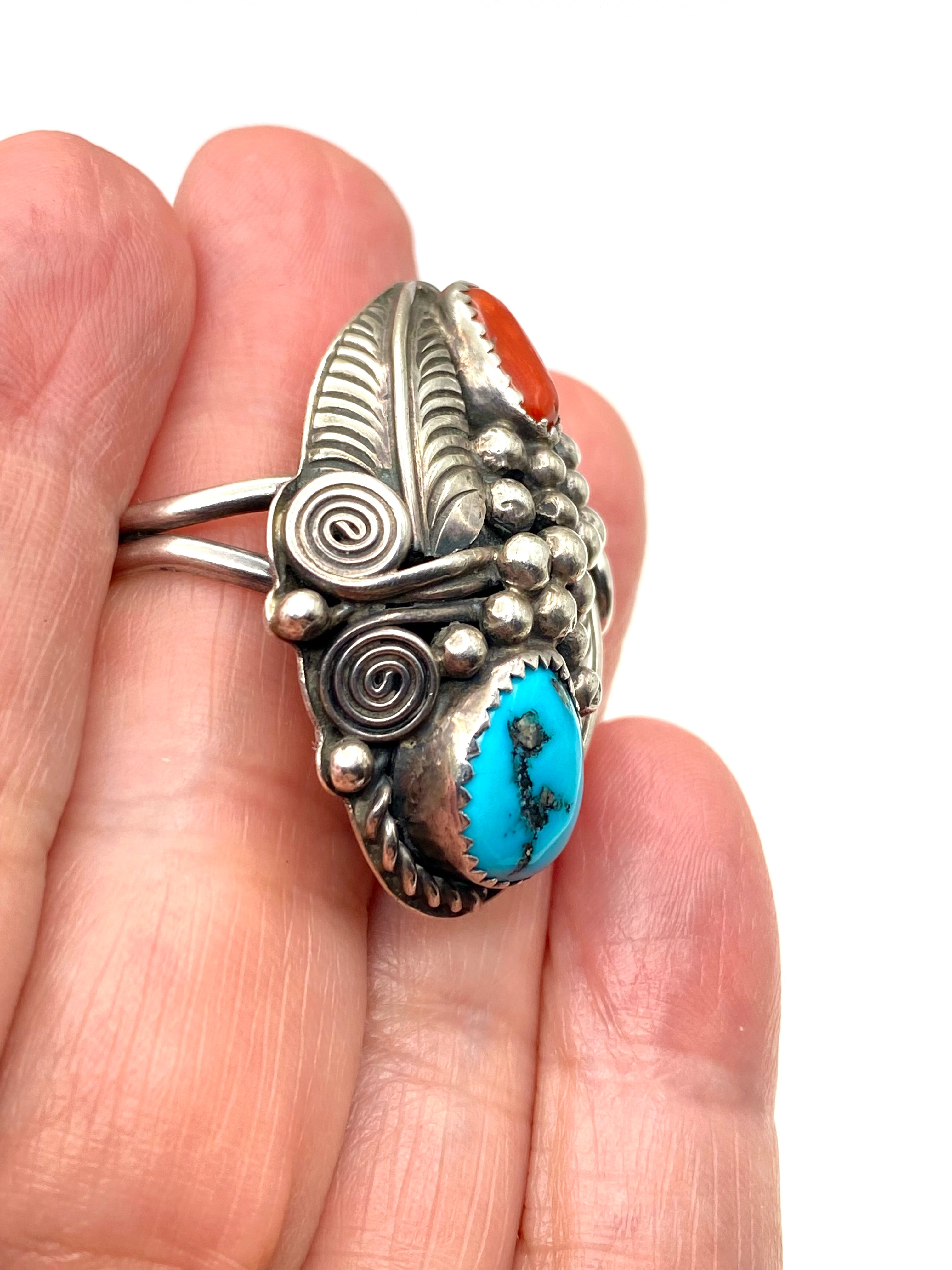 VTG Sterling Domed Hollow Ring Turquoise Coral Size 9.75 Native American Signed