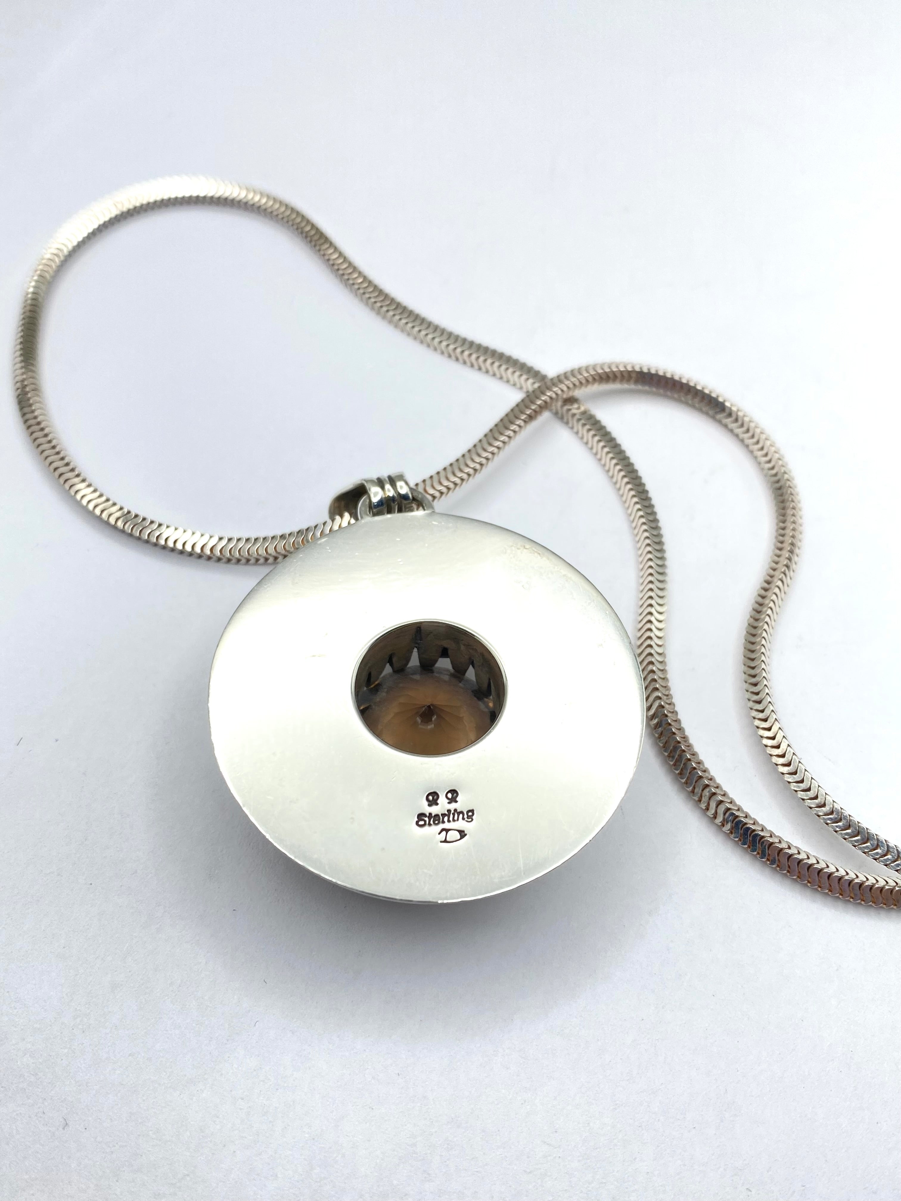VTG Sterling Stamped Round Pendant Smoky Topaz Native American Signed