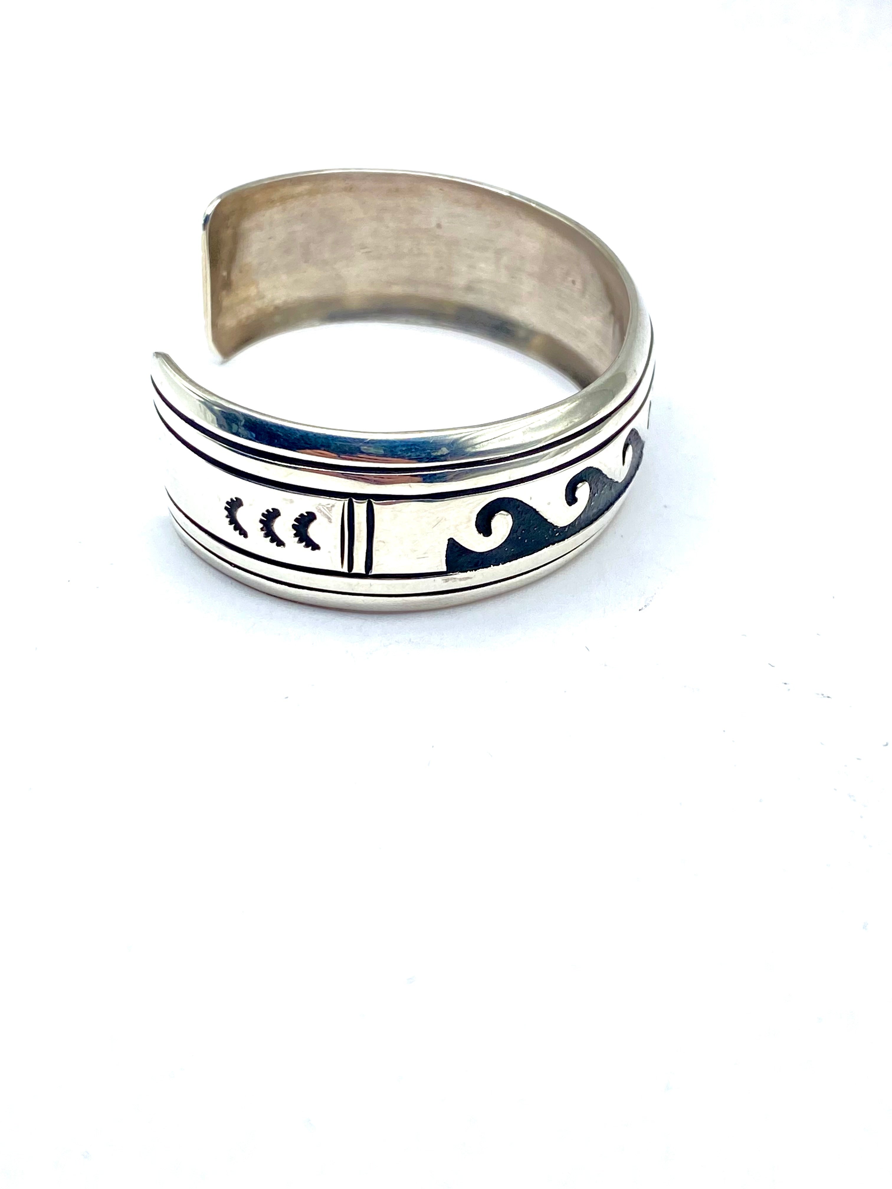 Sterling Overlay Bracelet Wide Band Wave Pattern Lightweight Navajo T&R Singer