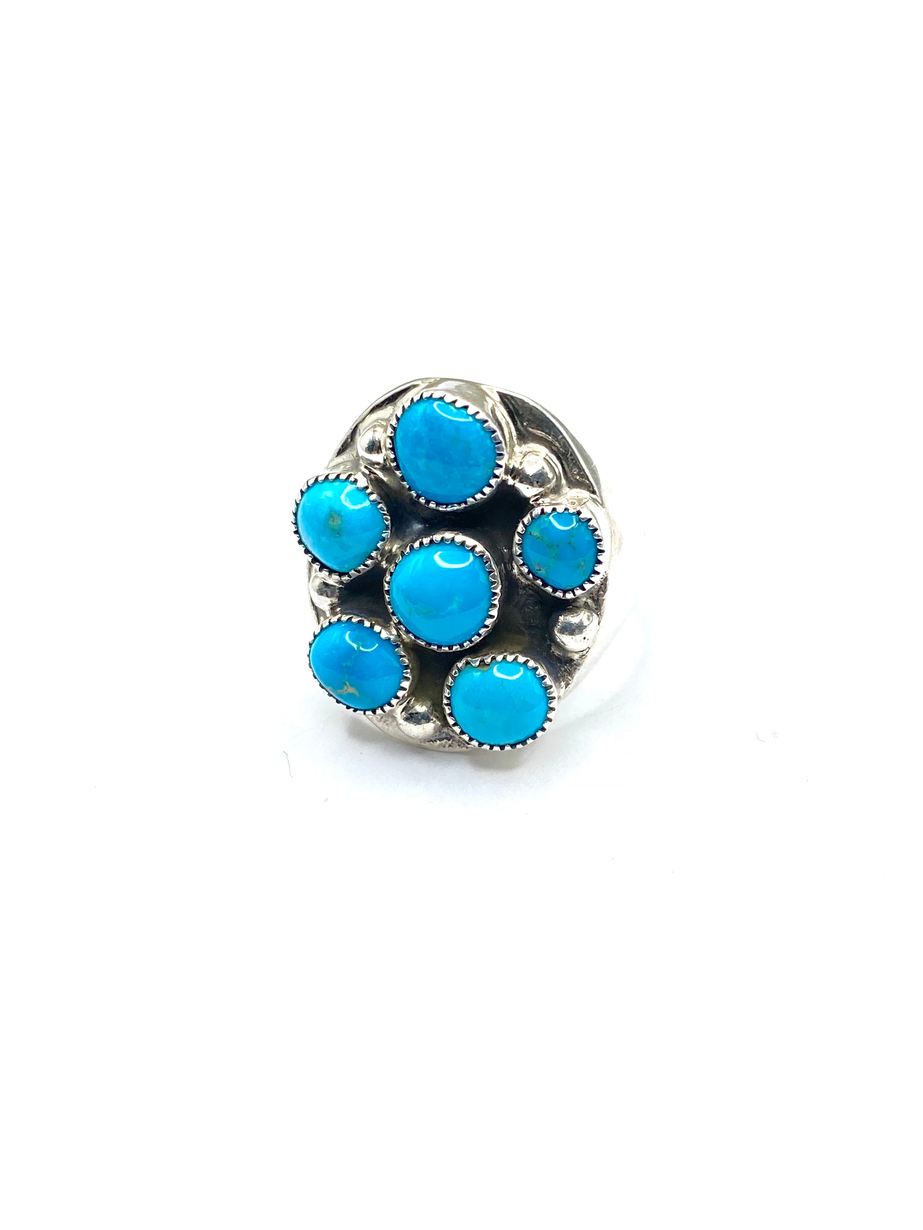 Sterling Heavy Gauge Turquoise Cluster Ring Size 10 Flared Band Native American