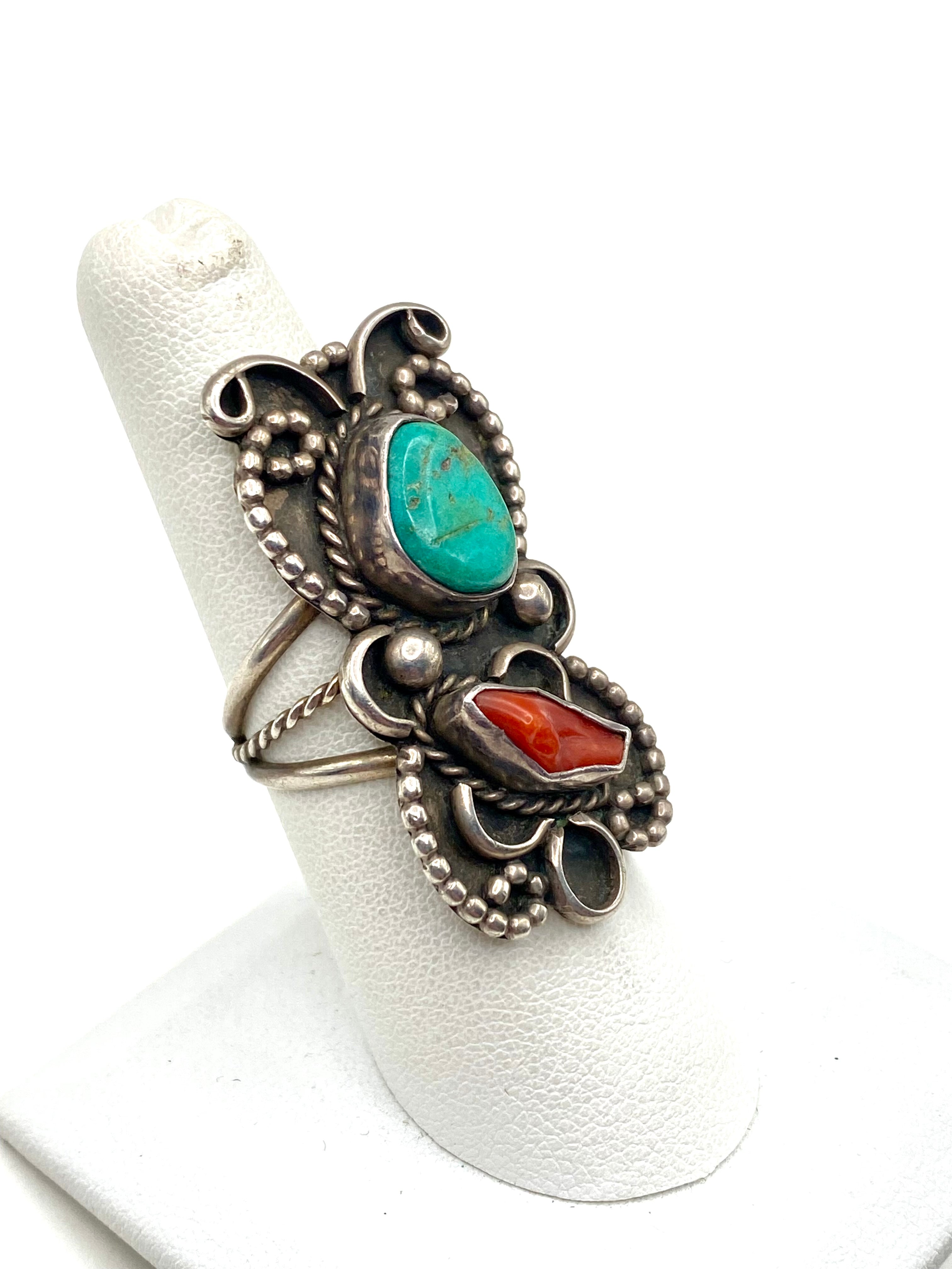 VTG Green Turquoise Coral Ring Silver Size 7.5 Triple Shank Native American