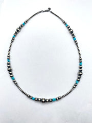 Graduated Sterling Bead Necklace Turquoise Nuggets 20" Native American New