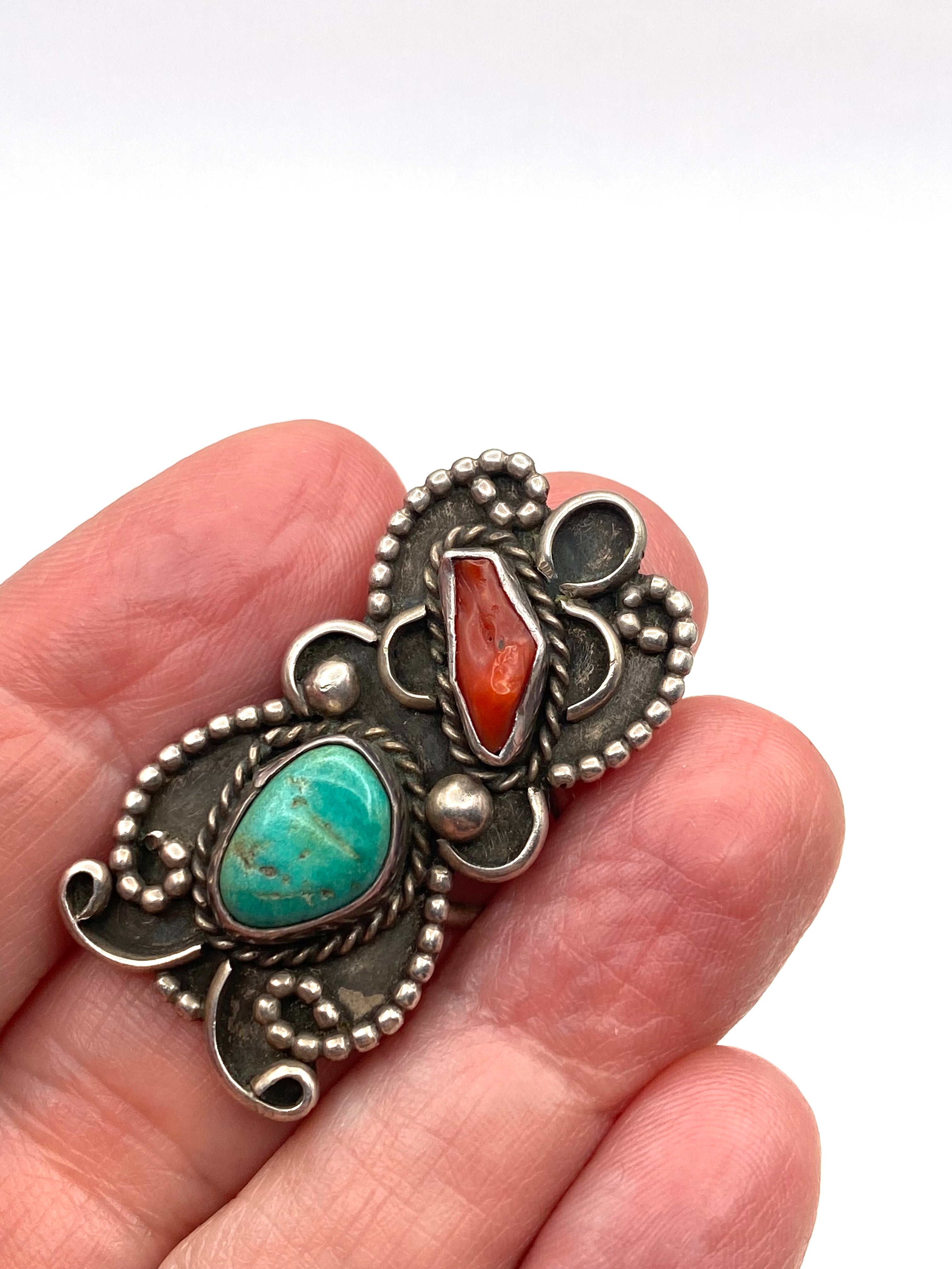 VTG Green Turquoise Coral Ring Silver Size 7.5 Triple Shank Native American