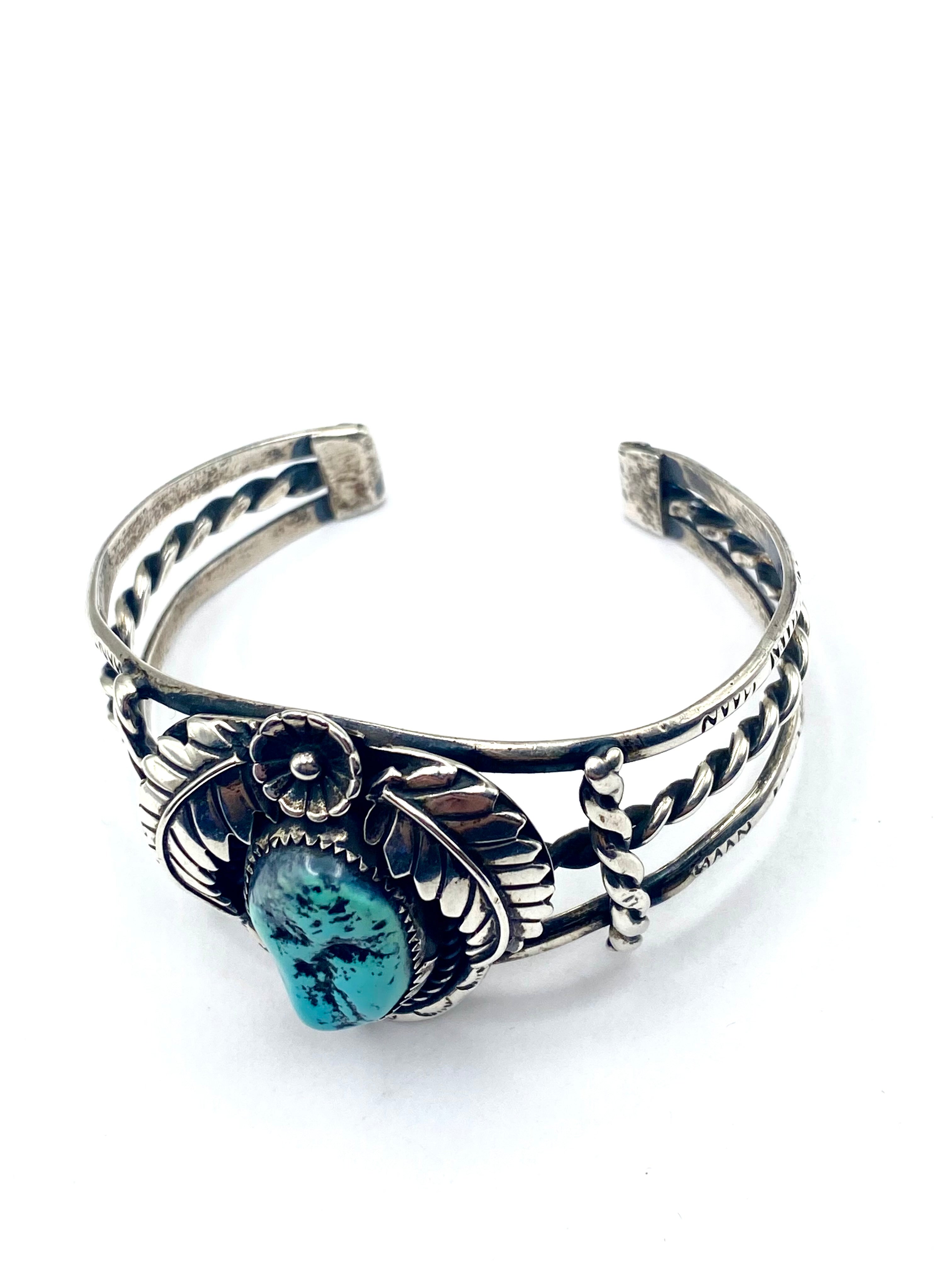 VTG Sterling Turquoise Bracelet 3-Rail Leaf Flower Applique Native American